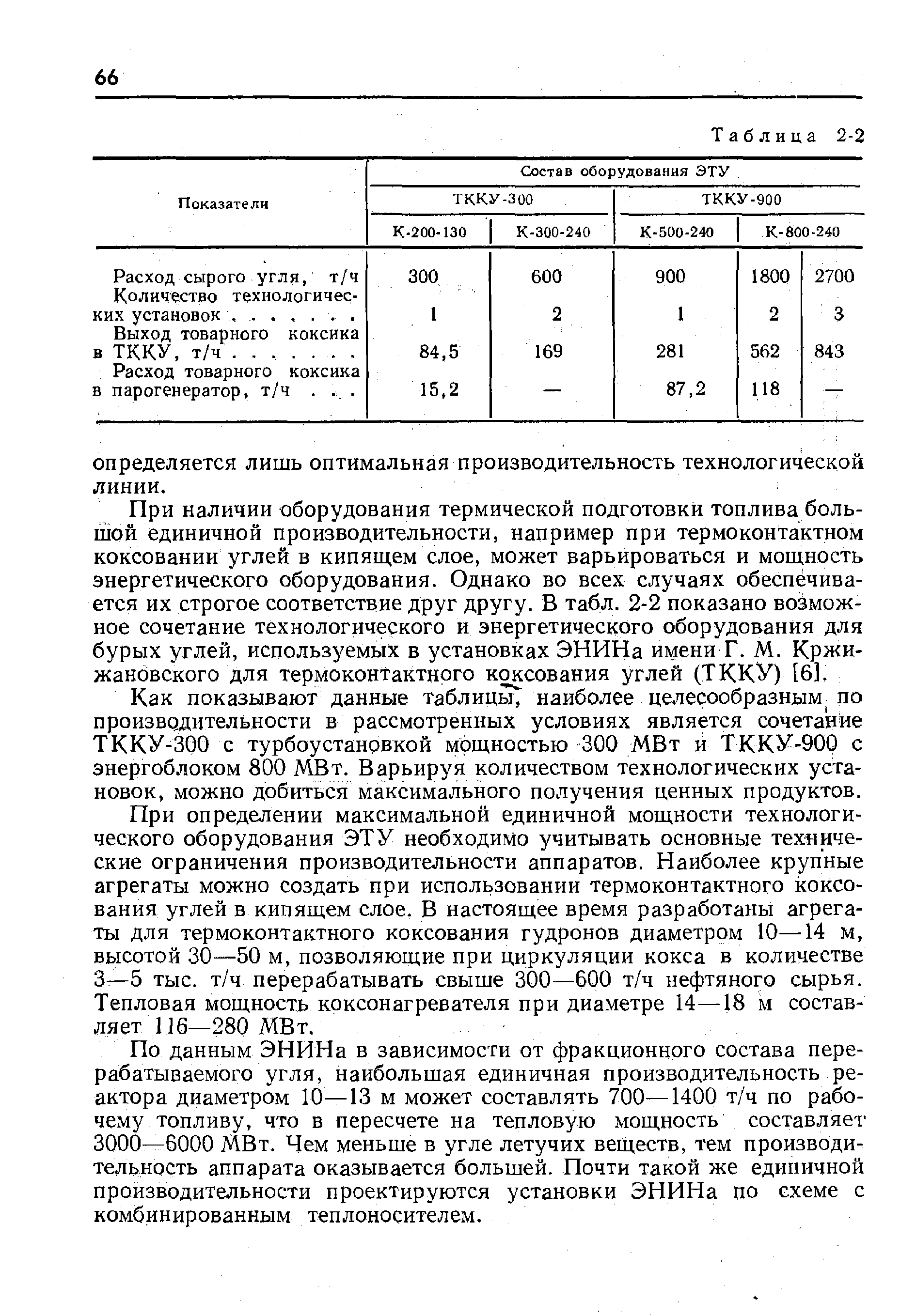 При наличии оборудования термической подготовки топлива большой единичной производительности, например при термоконтактном коксовании углей в кипящем слое, может варьироваться и мощность энергетического оборудования. Однако во всех случаях обеспечивается их строгое соответствие друг другу. В табл. 2-2 показано возможное сочетание технологического и энергетического оборудования для бурых углей, используемых в установках ЭНИНа имени Г. М. Кржижановского для термоконтактного коксования углей (ТККУ) [6].
