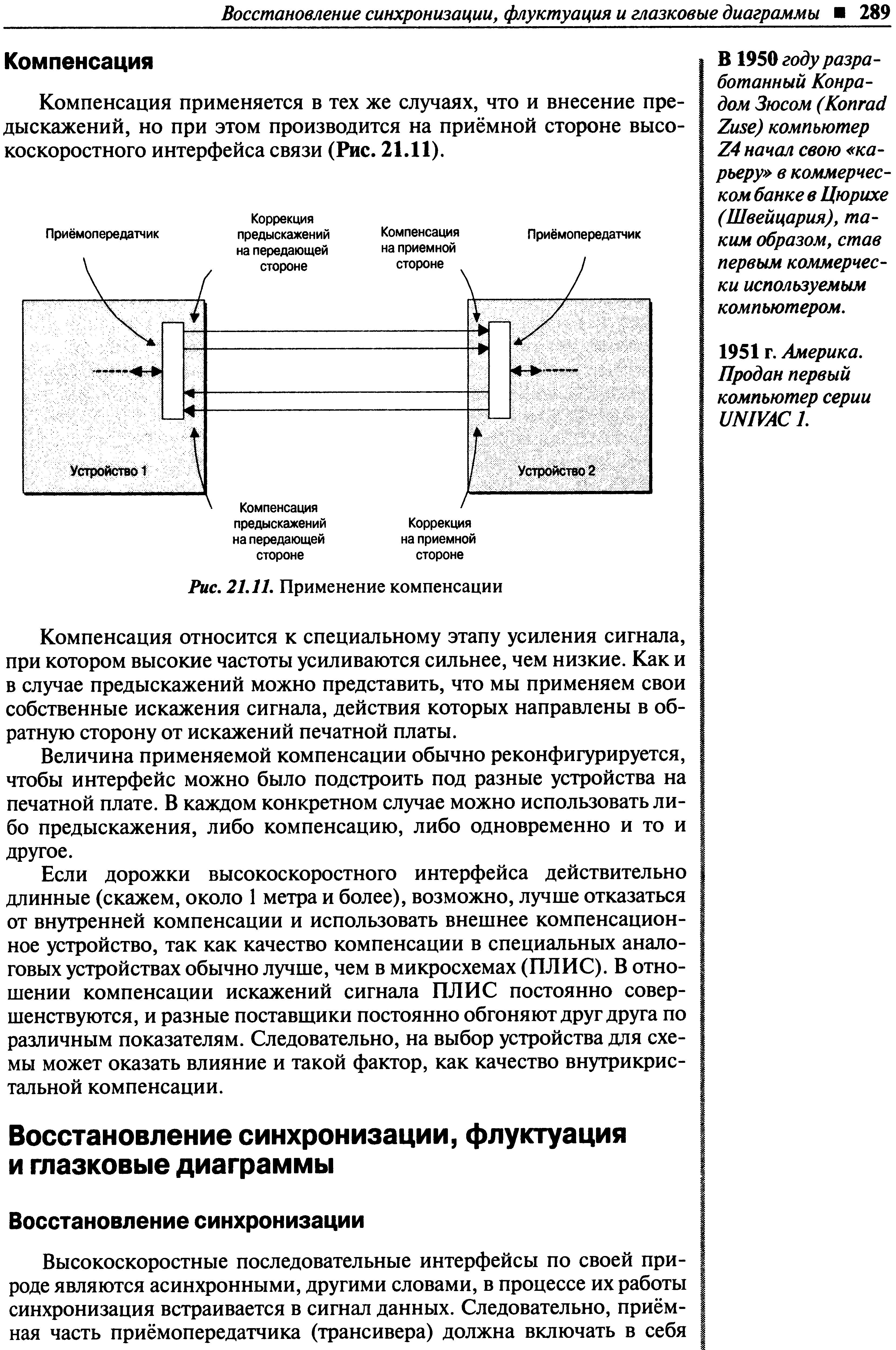 Компенсация применяется в тех же случаях, что и внесение предыскажений, но при этом производится на приёмной стороне высокоскоростного интерфейса связи (Рис. 21.11).
