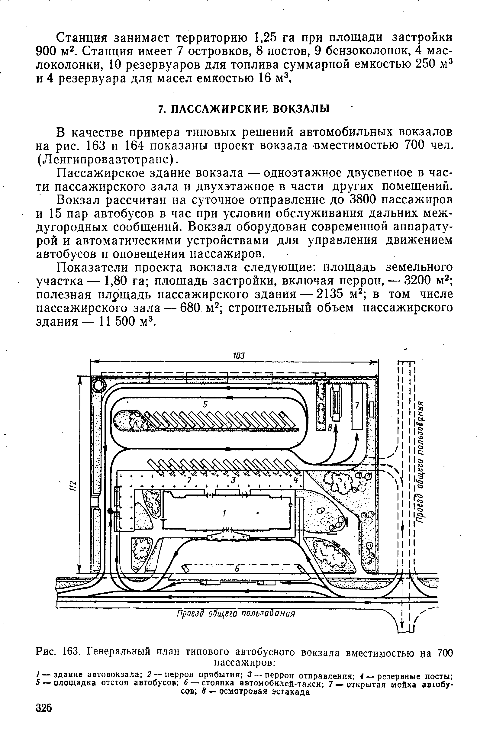 В качестве примера типовых решений автомобильных вокзалов на рис. 163 и 164 показаны проект вокзала вместимостью 700 чел. (Ленгипровавтотранс).

