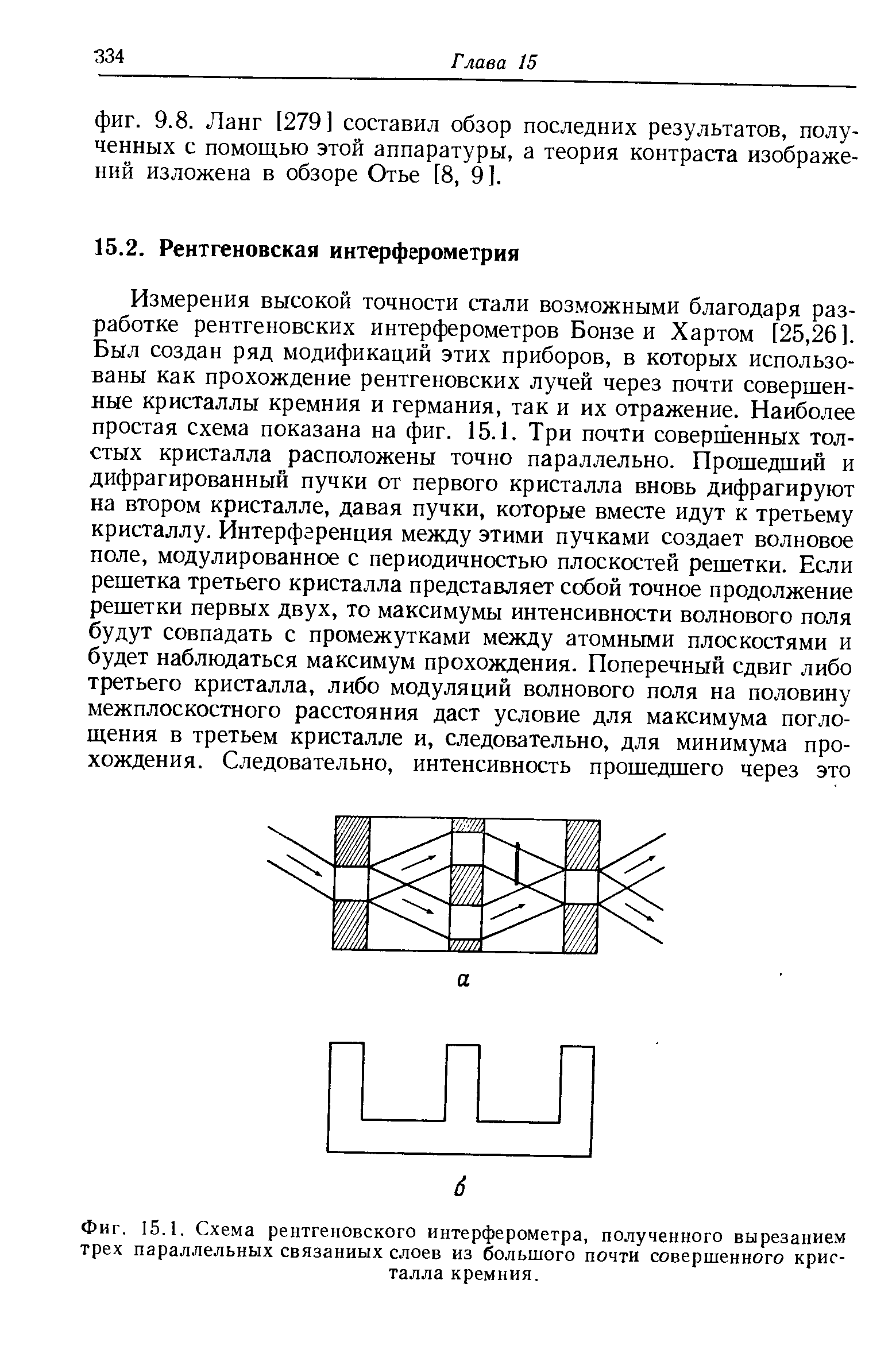 Фиг. 15.1. Схема рентгеновского интерферометра, полученного вырезанием трех параллельных связанных слоев из большого почти совершенного кристалла кремния.
