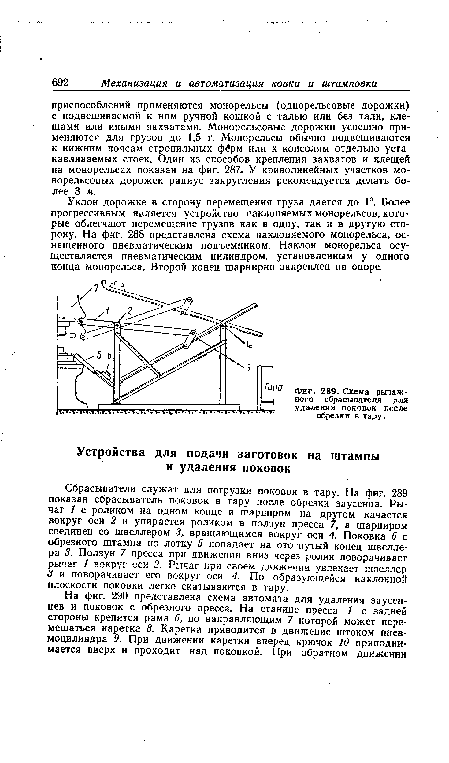 Сбрасыватели служат для погрузки поковок в тару. На фиг. 289 показан сбрасыватель поковок в тару после обрезки заусенца. Рычаг 1 с роликом на одном конце и шарниром на другом качается вокруг оси 2 и упирается роликом в ползун пресса 7, а шарниром соединен со швеллером 3, вращающимся вокруг оси 4. Поковка 6 с обрезного штампа по лотку 5 попадает на отогнутый конец швеллера 3. Ползун 7 пресса при движении вниз через ролик поворачивает рычаг 1 вокруг оси 2. Рычаг при своем движении увлекает швеллер 3 и поворачивает его вокруг оси 4. По образующейся наклонной плоскости поковки легко скатываются в тару.
