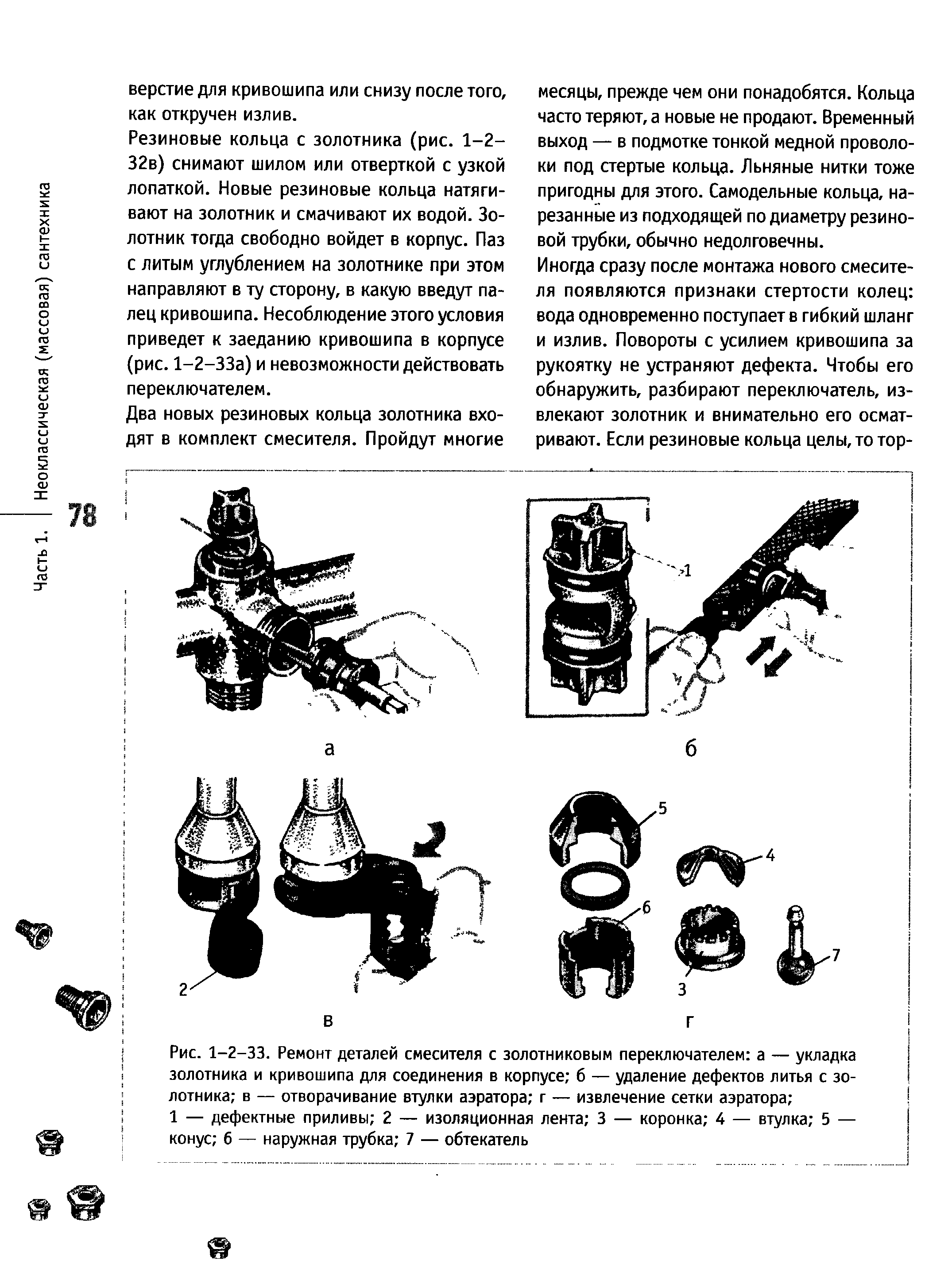 Рис. 1-2-33. <a href="/info/157657">Ремонт деталей</a> смесителя с золотниковым переключателем а — укладка золотника и кривошипа для соединения в корпусе 6 — <a href="/info/116445">удаление дефектов</a> литья с золотника в — отворачивание втулки аэратора г — извлечение сетки аэратора 
