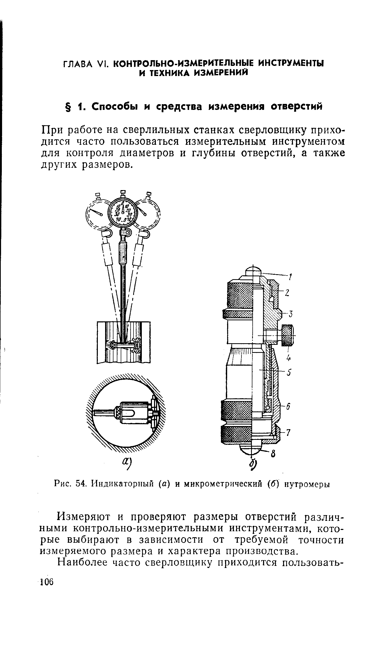 Рис. 54. Индикаторный (а) и микрометрический (б) нутромеры

