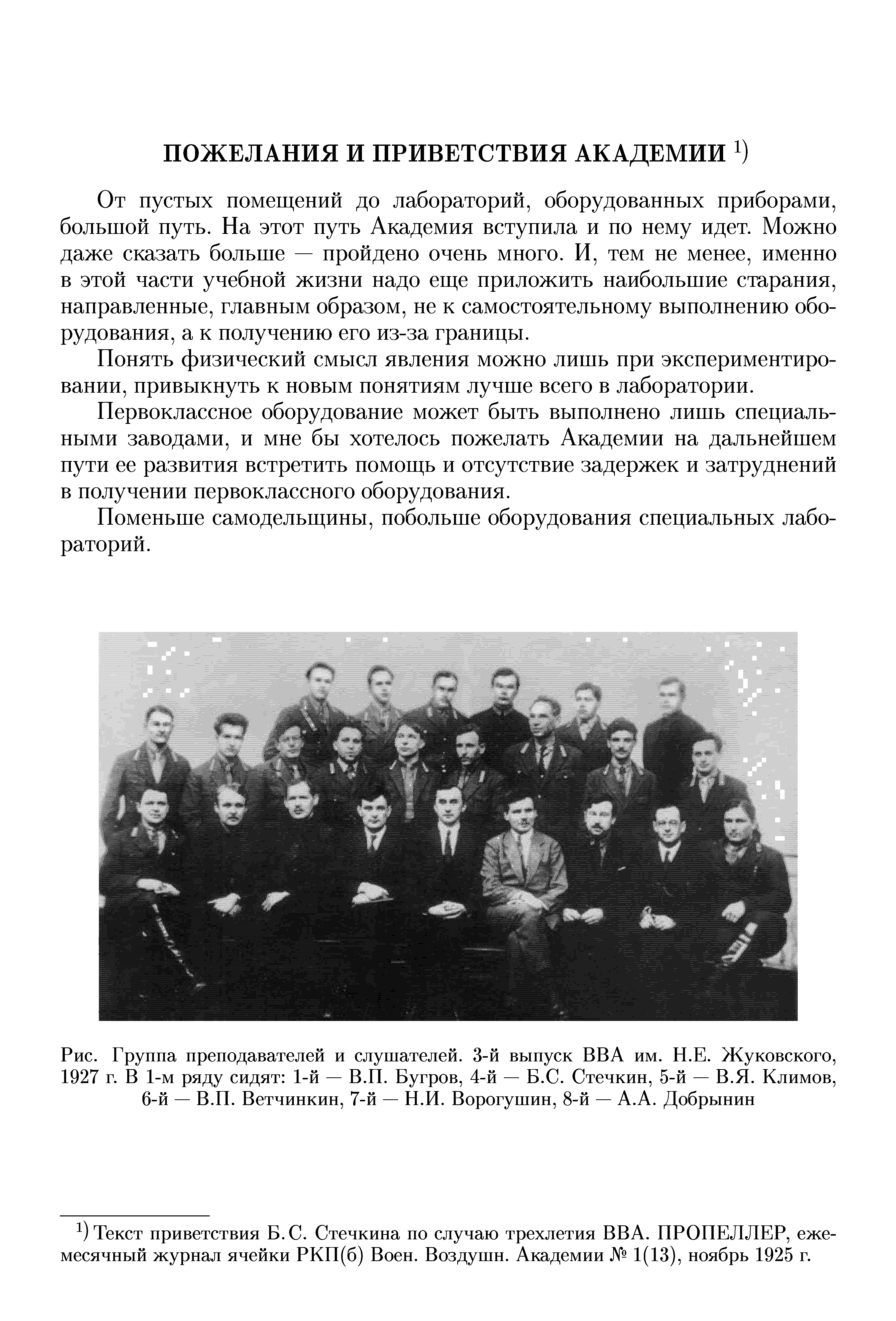 Рис. Группа преподавателей и слушателей. 3-й выпуск ВВА им. Н.Е. Жуковского, 1927 г. В 1-м ряду сидят 1-й — В.Н. Бугров, 4-й — Б.С. Стечкин, 5-й — В.Я. Климов, 6-й — В.Н. Ветчинкин, 7-й — Н.И. Ворогушин, 8-й — A.A. Добрынин
