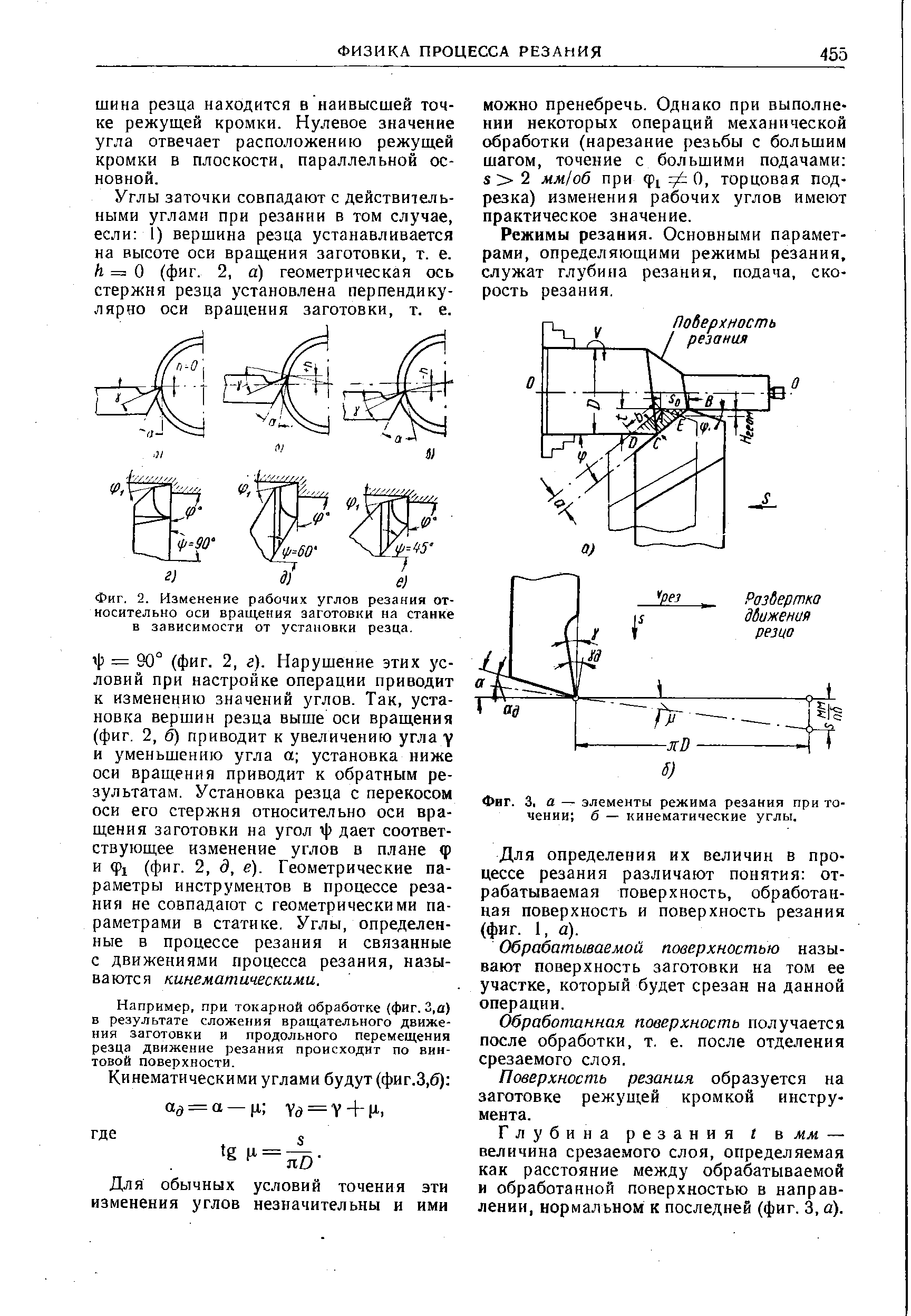 Фиг. 2. Изменение рабочих углов резания относительно оси вращения заготовки на станке в зависимости от установки резца.
