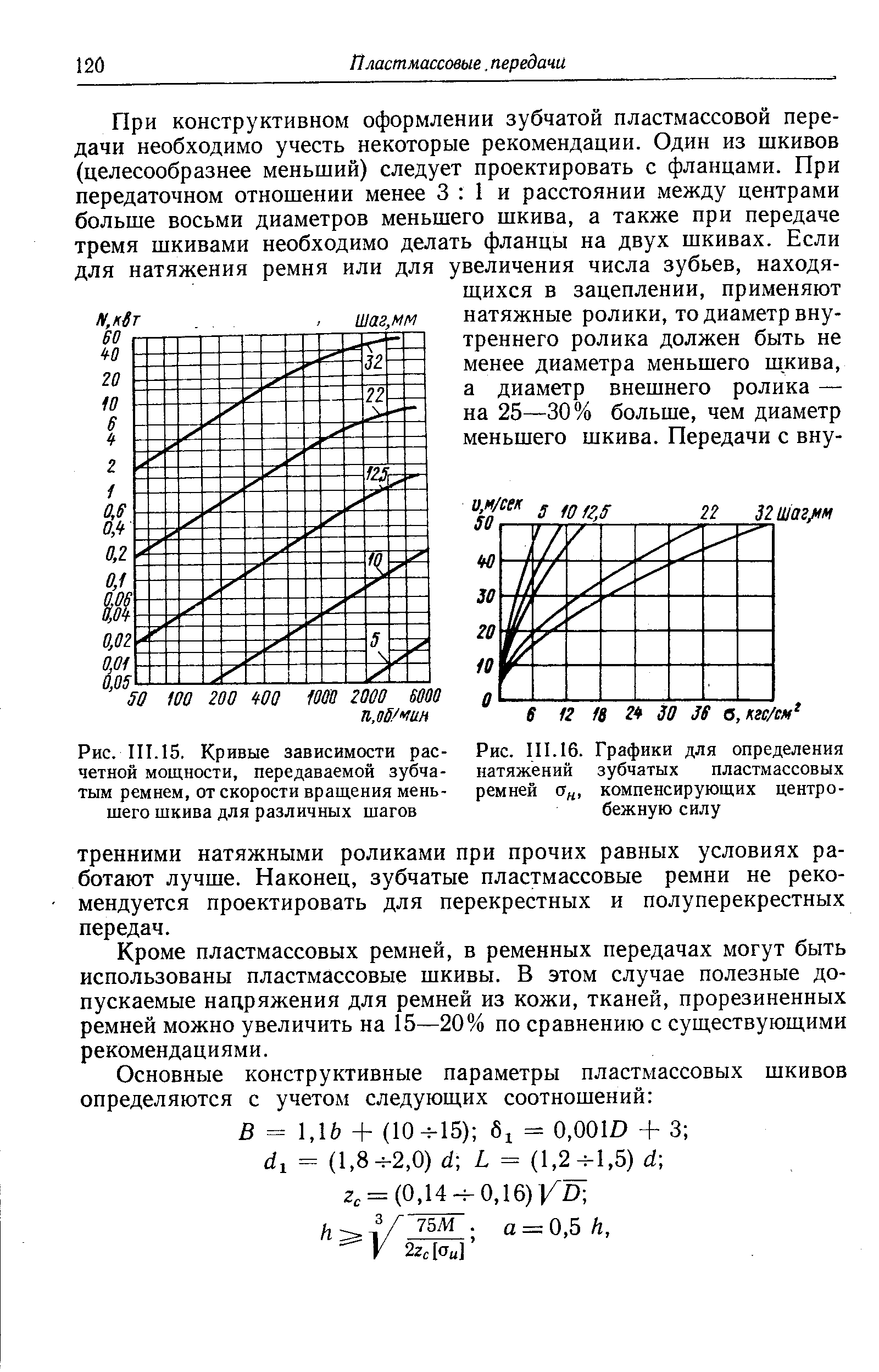 Рис. 111.15. Кривые зависимости рас- Рис. 111.16. Графики для определения четной мощности, передаваемой зубча- натяжений зубчатых пластмассовых тым ремнем, от <a href="/info/108847">скорости вращения</a> мень- ремней компенсирующих центро-
