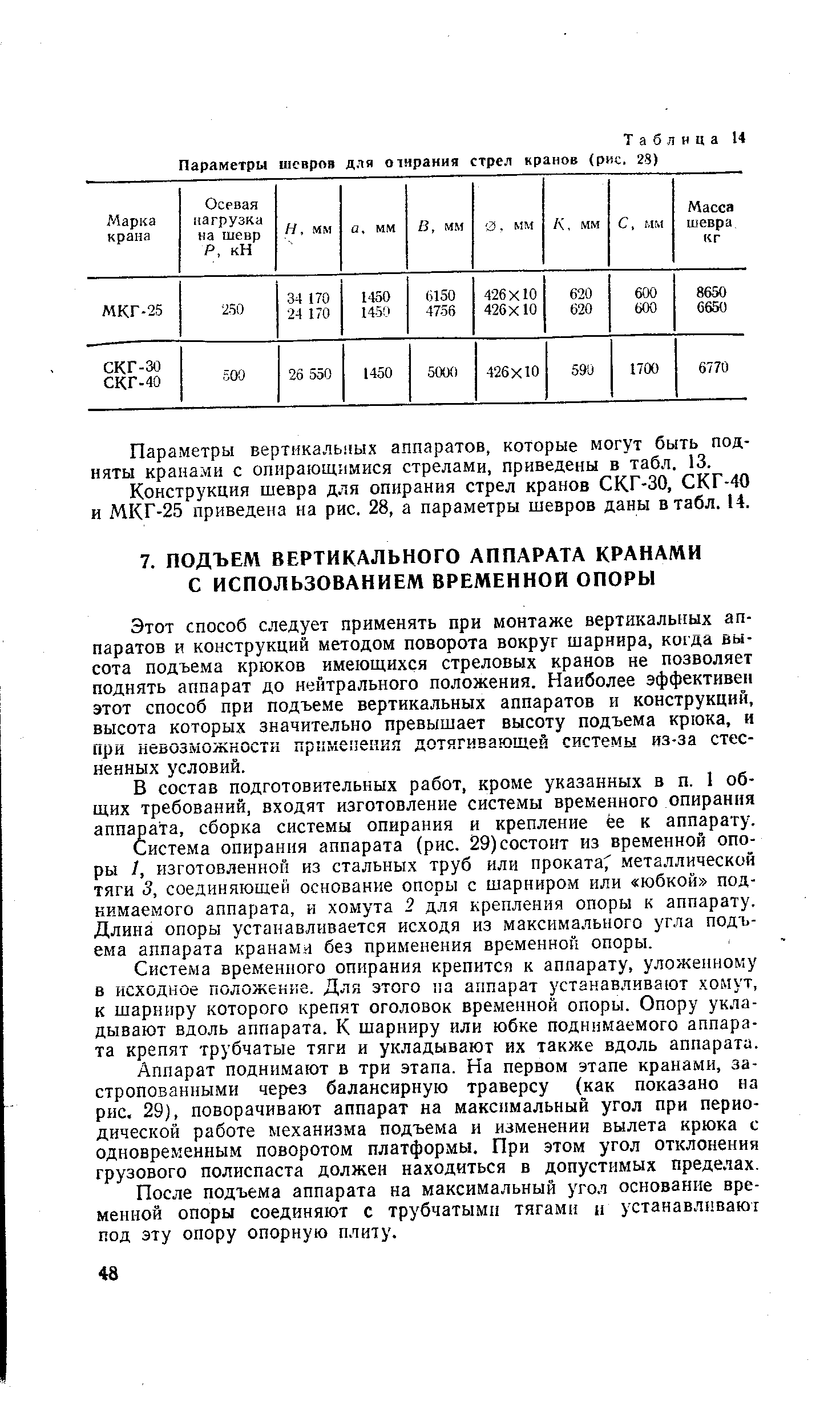 Этот способ следует применять при монтаже вертикальных аппаратов и конструкций методом поворота вокруг шарнира, когда высота подъема крюков имеющихся стреловых кранов не позволяет поднять аппарат до нейтрального положения. Наиболее эффективен этот способ при подъеме вертикальных аппаратов и конструкций, высота которых значительно превышает высоту подъема крюка, и при невозможности применения дотягивающей системы из-за стесненных условий.
