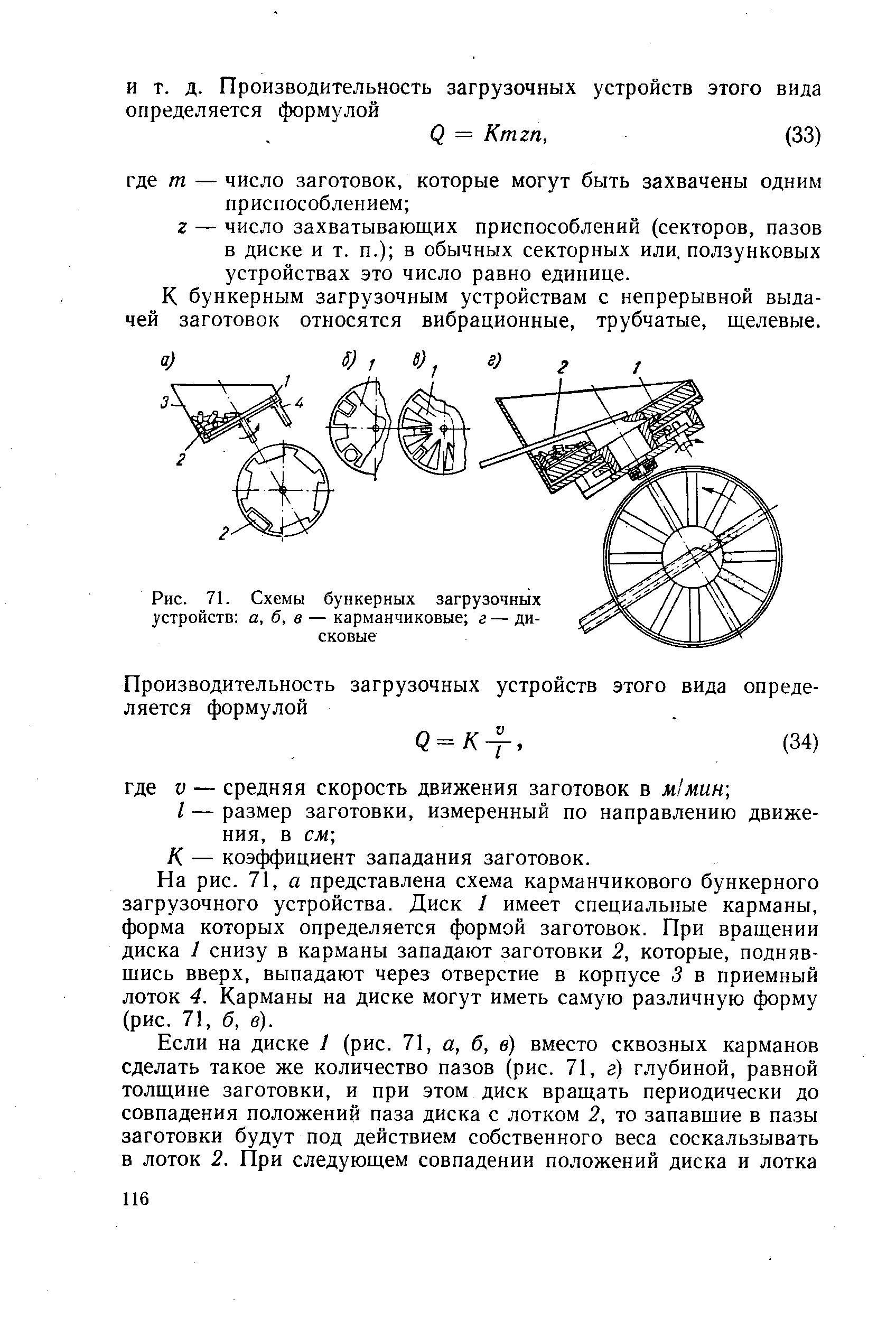 Рис. 71. Схемы <a href="/info/4098">бункерных загрузочных устройств</a> а, б, в — карманчиковые г — дисковые
