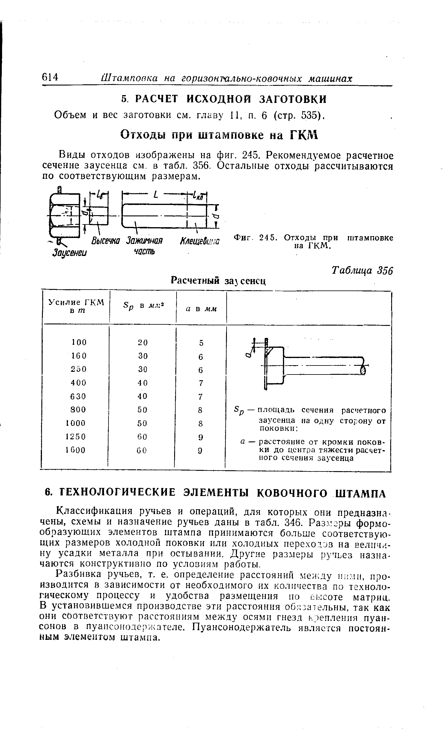 Виды отходов изображены на фиг. 245. Рекомендуемое расчетное сечение заусенца см. в табл. 356. Остальные отходы рассчитываются по соответствующим размерам.
