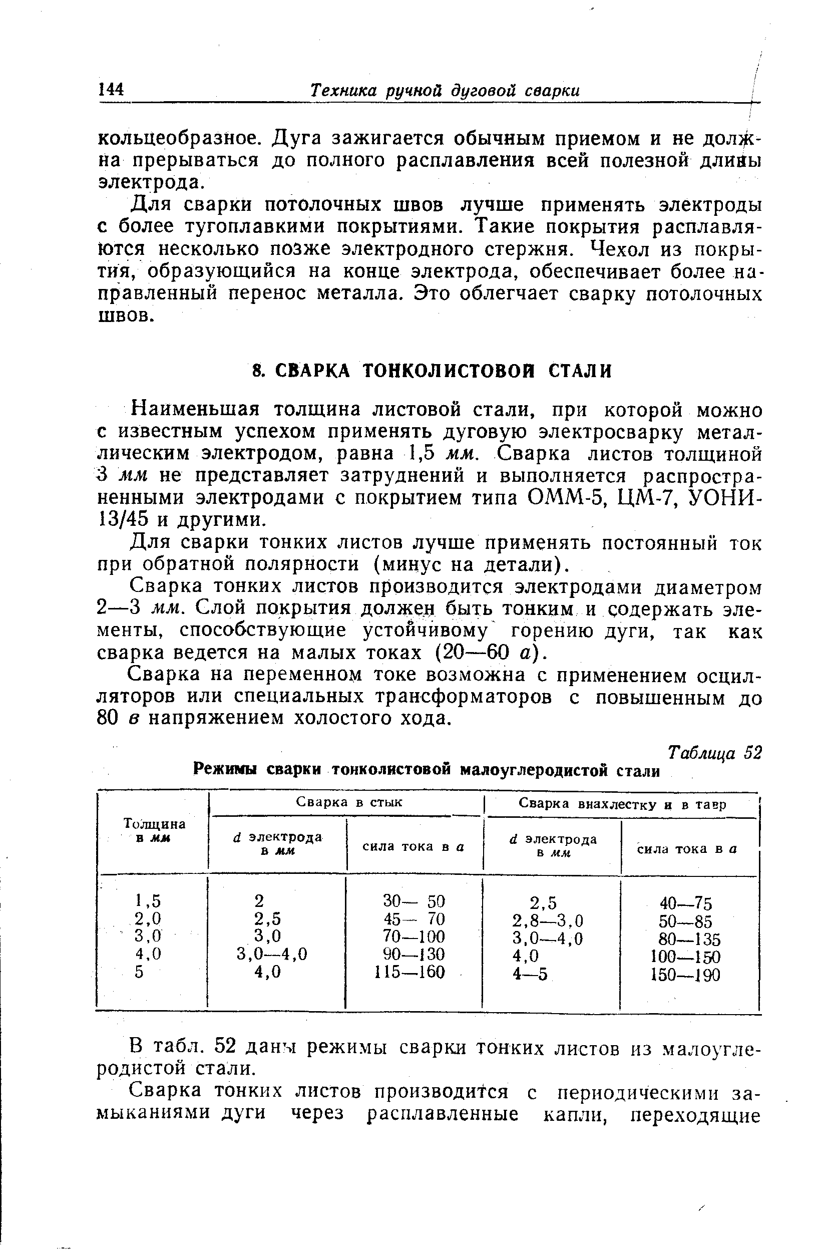 Наименьшая толщина листовой стали, прн которой можно с известным успехом применять дуговую электросварку металлическим электродом, равна 1,5 мм. Сварка листов толщиной 3 мм не представляет затруднений и выполняется распространенными электродами с покрытием типа ОММ-5, ЦМ-7, УОНИ-13/45 и другими.
