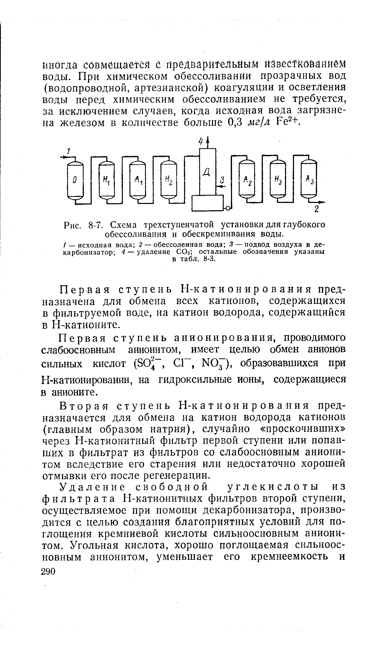 Рис. 8-7. Схема трехступенчатой установки для глубокого обессоливания и обескремнивания воды.
