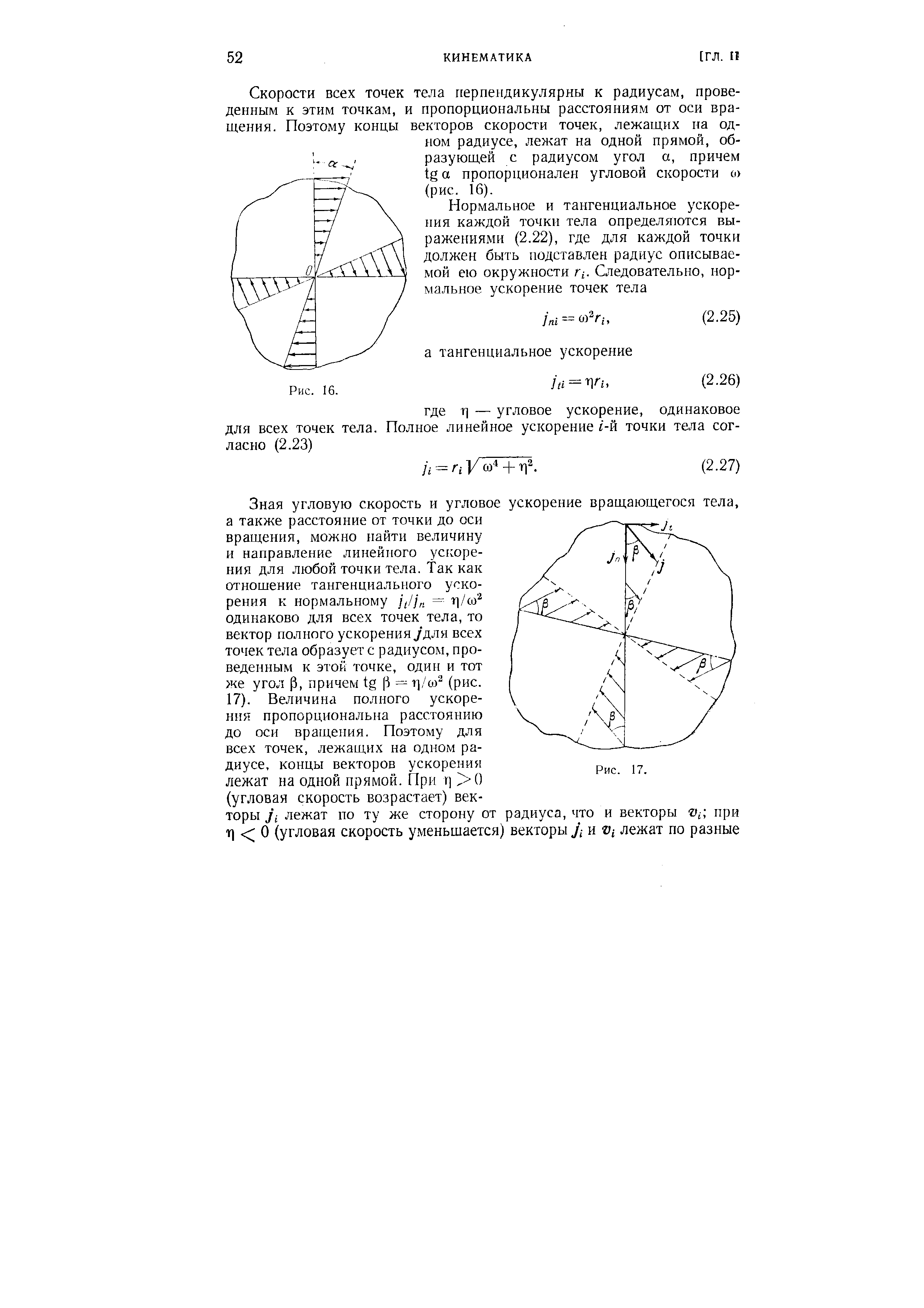 Зная угловую скорость и угловое ускорение вращающегося тела, а также расстояние от точки до оси вращения, можно найти величину и направление линейного y j ope-ния для любой точки тела. Так как отношение тангенциального ускорения к нормальному /V/,, = г / о одинаково для всех точек тела, то вектор полного ускоренияу для всех точек тела образует с радиусом, проведенным к этой точке, один и тот же угол р, причем tg = г]/со (рис.
