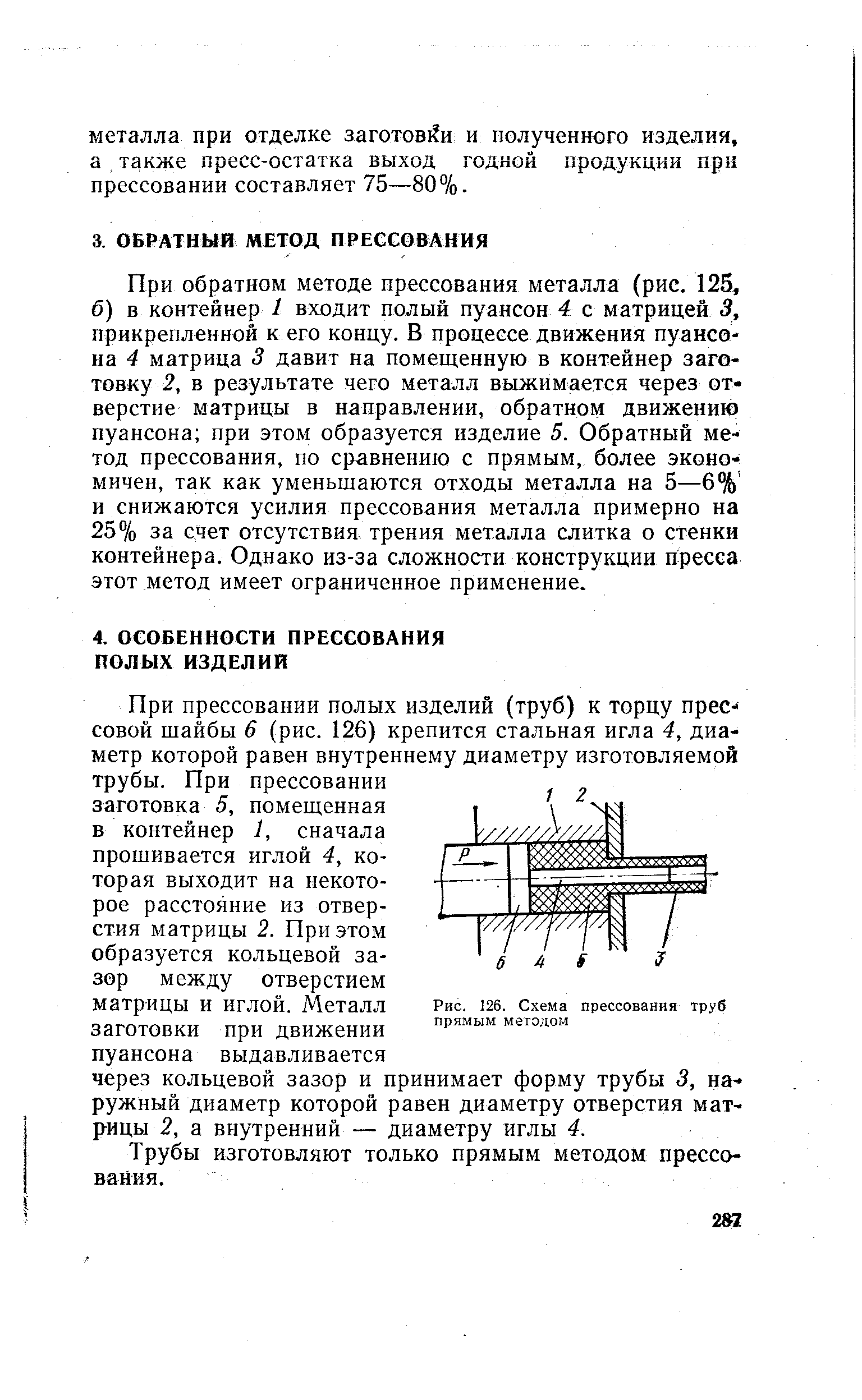 При обратном методе прессования металла (рис. 125, 6) в контейнер 1 входит полый пуансон 4 с матрицей 3, прикрепленной к его концу. В процессе движения пуанса-на 4 матрица 3 давит на помещенную в контейнер заготовку 2, в результате чего металл выжимается через отверстие матрицы в направлении, обратном движению пуансона при этом образуется изделие 5. Обратный метод прессования, по сравнению с прямым, более экономичен, так как уменьшаются отходы металла на 5—6% и снижаются усилия прессования металла примерно на 25% за счет отсутствия трения металла слитка о стенки контейнера. Однако из-за сложности конструкции пресса этот метод имеет ограниченное применение.
