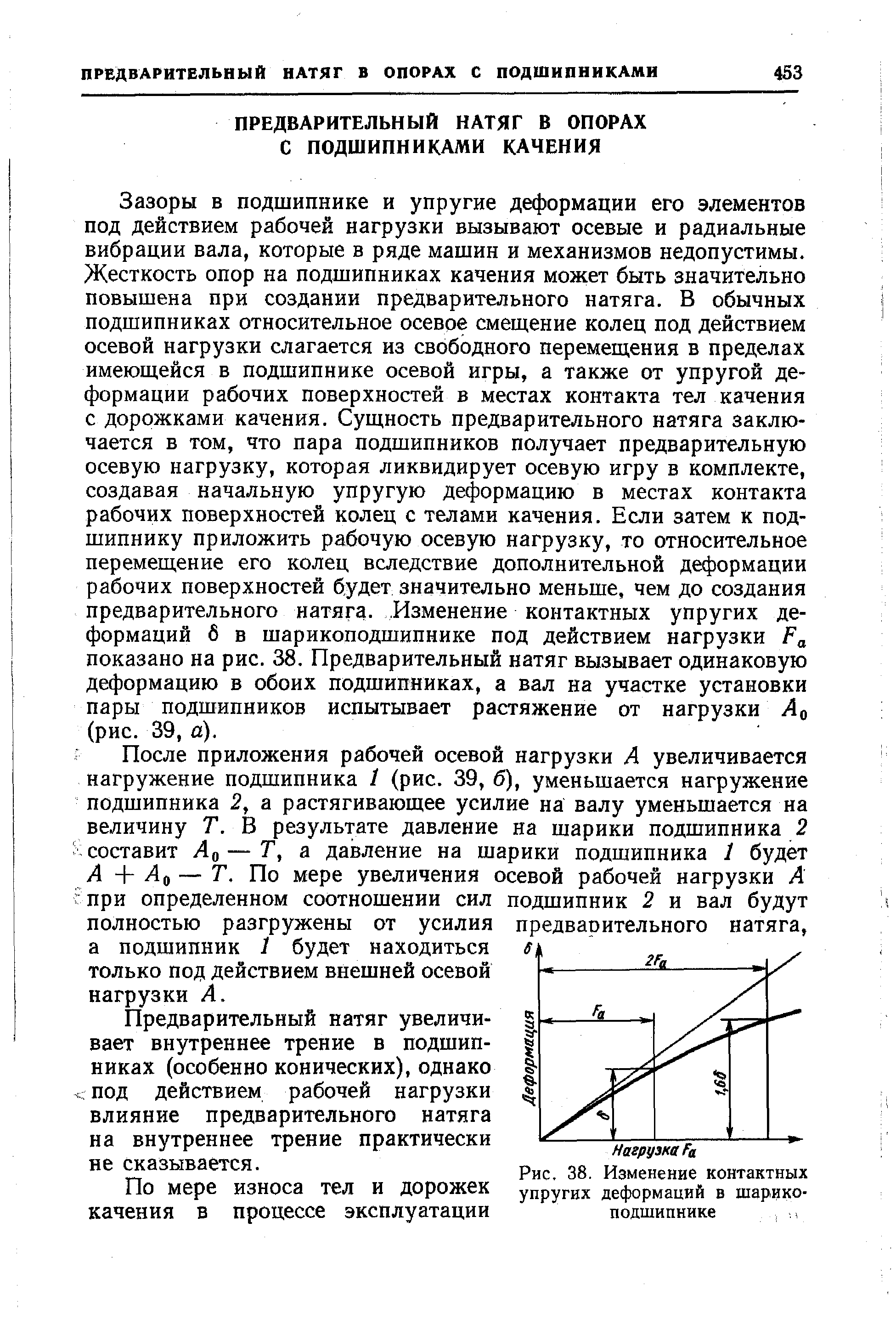 Зазоры в подшипнике и упругие деформации его элементов под действием рабочей нагрузки вызывают осевые и радиальные вибрации вала, которые в ряде машин и механизмов недопустимы. Жесткость опор на подшипниках качения может быть значительно повышена при создании предварительного натяга. В обычных подшипниках относительное осевое смещение колец под действием осевой нагрузки слагается из свободного перемещения в пределах имеющейся в подшипнике осевой игры, а также от упругой деформации рабочих поверхностей в местах контакта тел качения с дорожками качения. Сущность предварительного натяга заключается в том, что пара подшипников получает предварительную осевую нагрузку, которая ликвидирует осевую игру в комплекте, создавая начальную упругую деформацию в местах контакта рабочих поверхностей колец с телами качения. Если затем к подшипнику приложить рабочую осевую нагрузку, то относительное перемещение его колец вследствие дополнительной деформации рабочих поверхностей будет значительно меньше, чем до создания предварительного натяга. Изменение контактных упругих деформаций б в шарикоподшипнике под действием нагрузки показано на рис. 38. Предварительный натяг вызывает одинаковую деформацию в обоих подшипниках, а вал на участке установки пары подшипников испытывает растяжение от нагрузки Ло (рис. 39, а).
