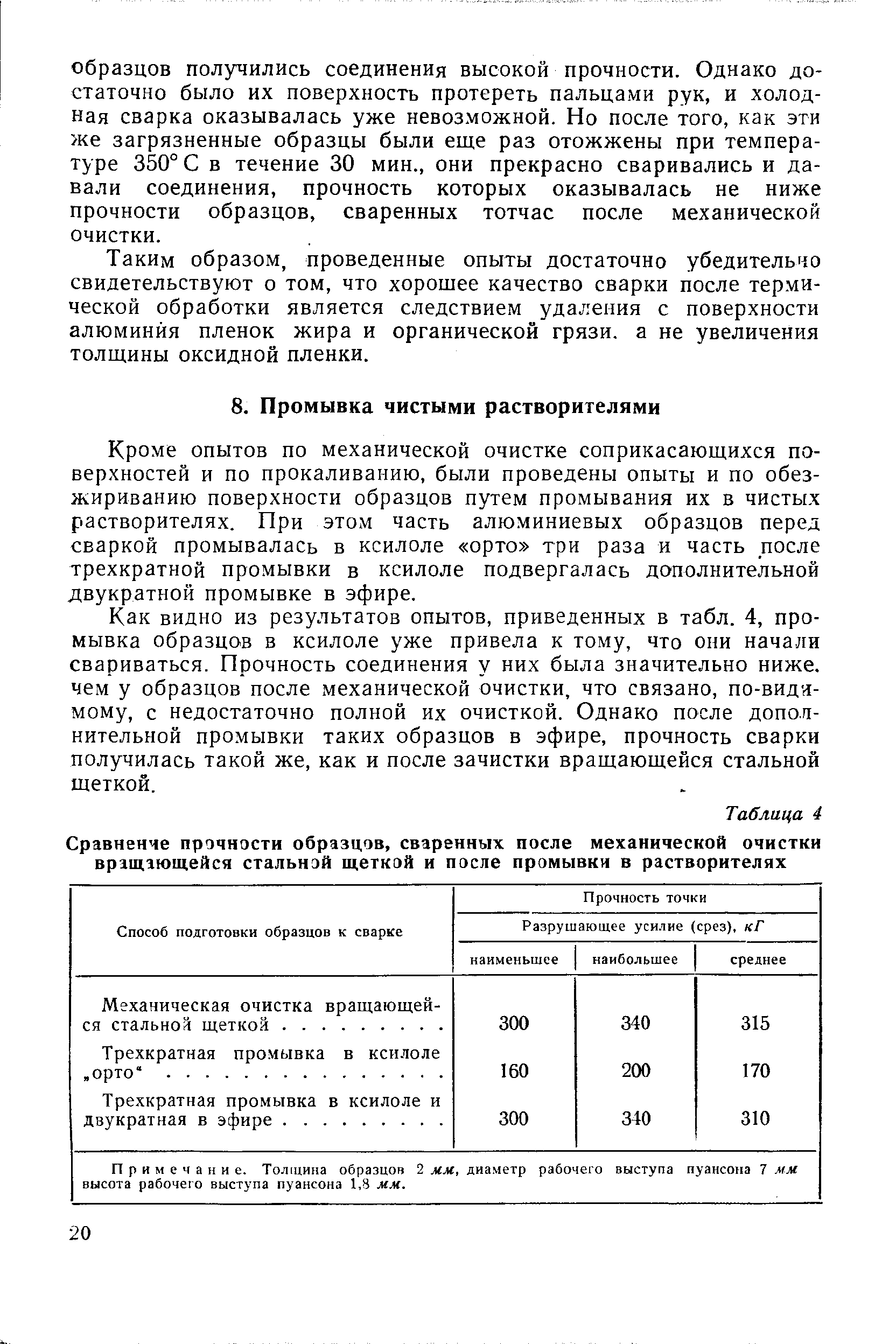 Кроме опытов по механической очистке соприкасающихся поверхностей и по прокаливанию, были проведены опыты и по обезжириванию поверхности образцов путем промывания их в чистых растворителях. При этом часть алюминиевых образцов перед сваркой промывалась в ксилоле орто три раза и часть после трехкратной промывки в ксилоле подвергалась дополнительной двукратной промывке в эфире.
