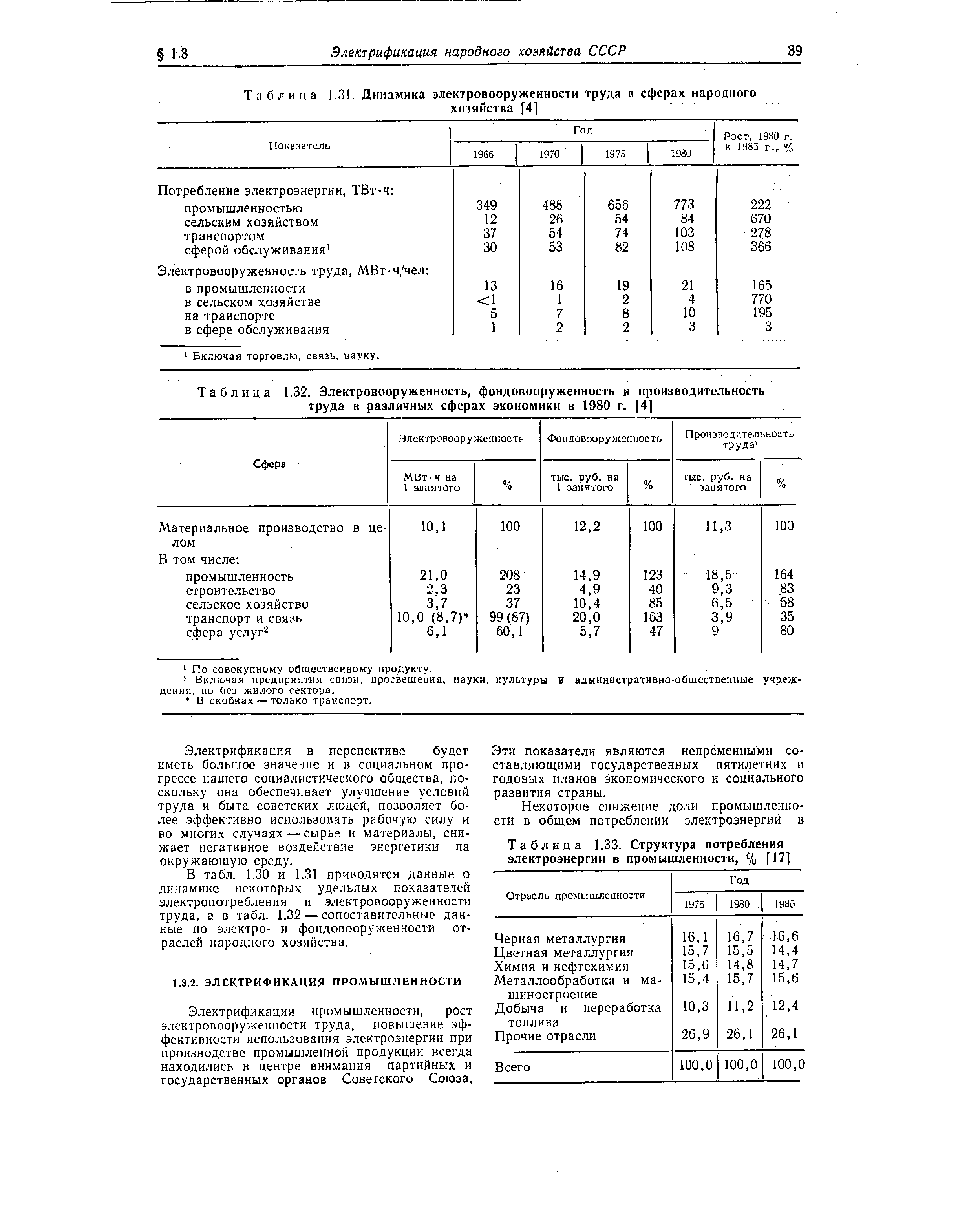 Таблица 1.32. Электровооруженность, фондовооруженность и <a href="/info/68696">производительность труда</a> в различных сферах экономики в 1980 г. [4 
