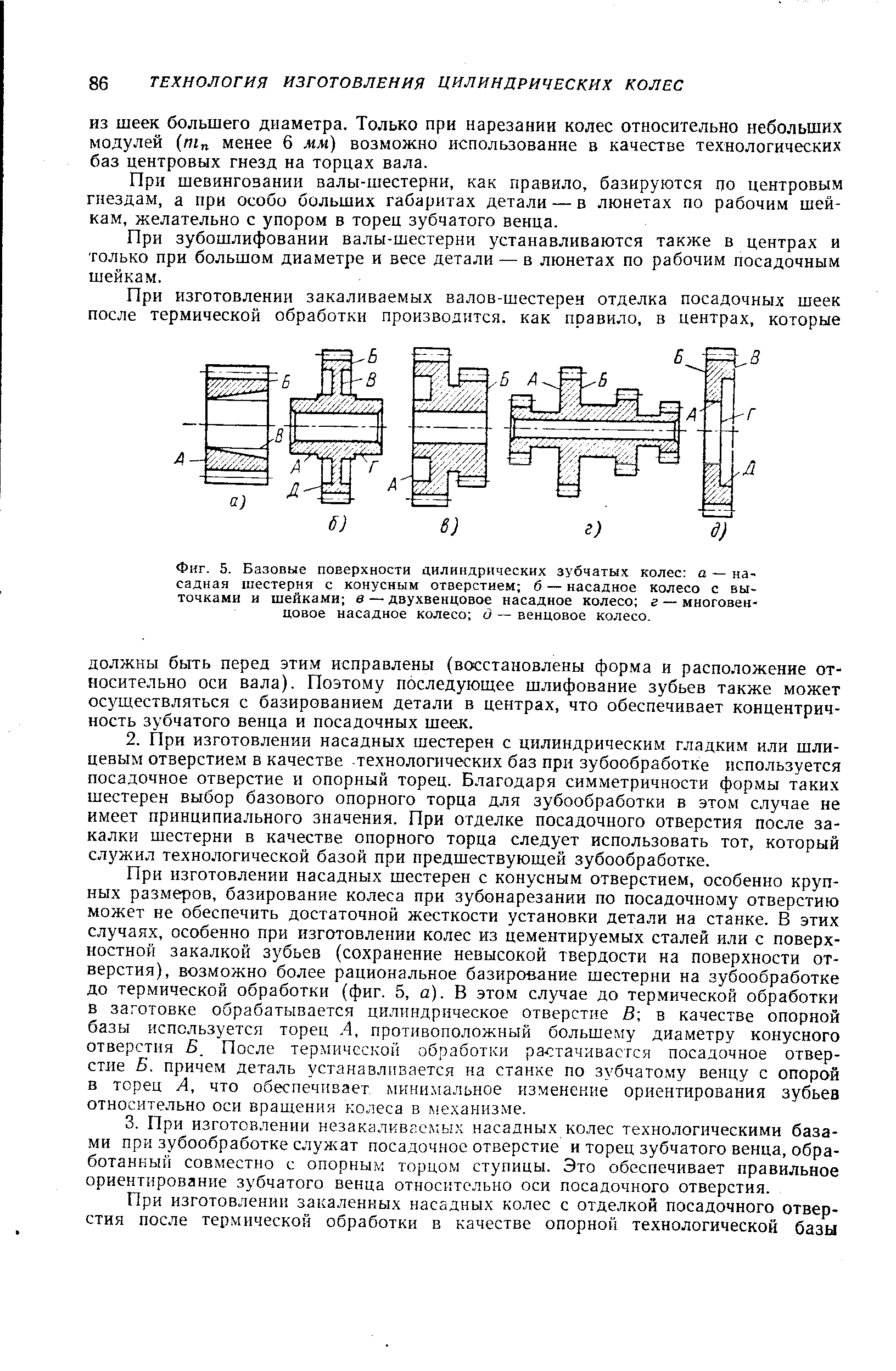 Фиг. 5. <a href="/info/216332">Базовые поверхности</a> дилиндрических <a href="/info/999">зубчатых колес</a> а — насадная шестерня с конусным отверстием б — насадное колесо с выточками и шейками в — двухвенцовое насадное колесо г — многовен-цовое насадное колесо д — венцовое колесо.
