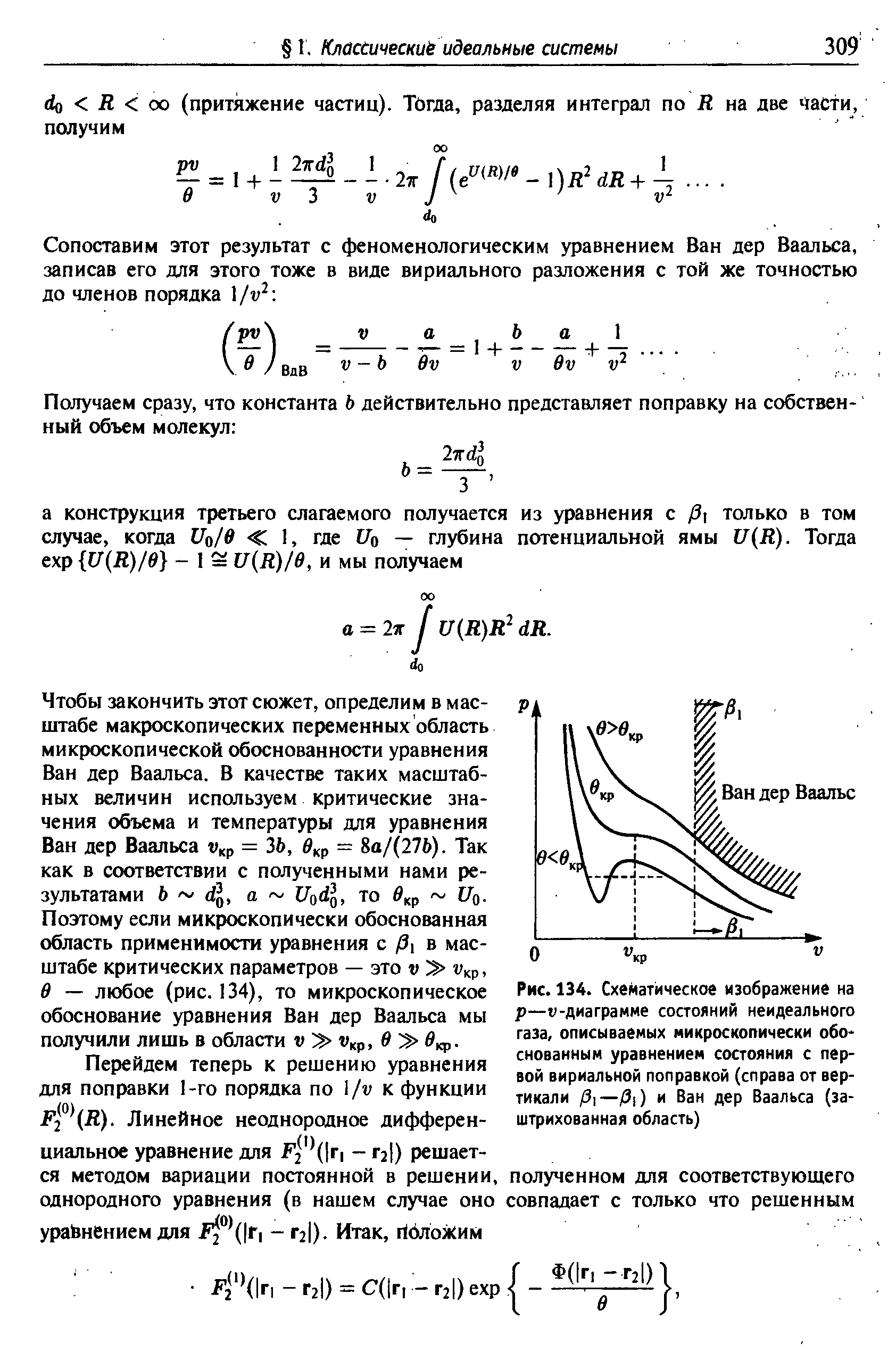 Рис. 134. <a href="/info/286611">Схематическое изображение</a> на р—1/-<a href="/info/1489">диаграмме состояний</a> <a href="/info/543046">неидеального газа</a>, описываемых микроскопически обоснованным <a href="/info/895">уравнением состояния</a> с первой вириальной поправкой (справа от вертикали /3 —/3 ) и Ван дер Ваальса (заштрихованная область)
