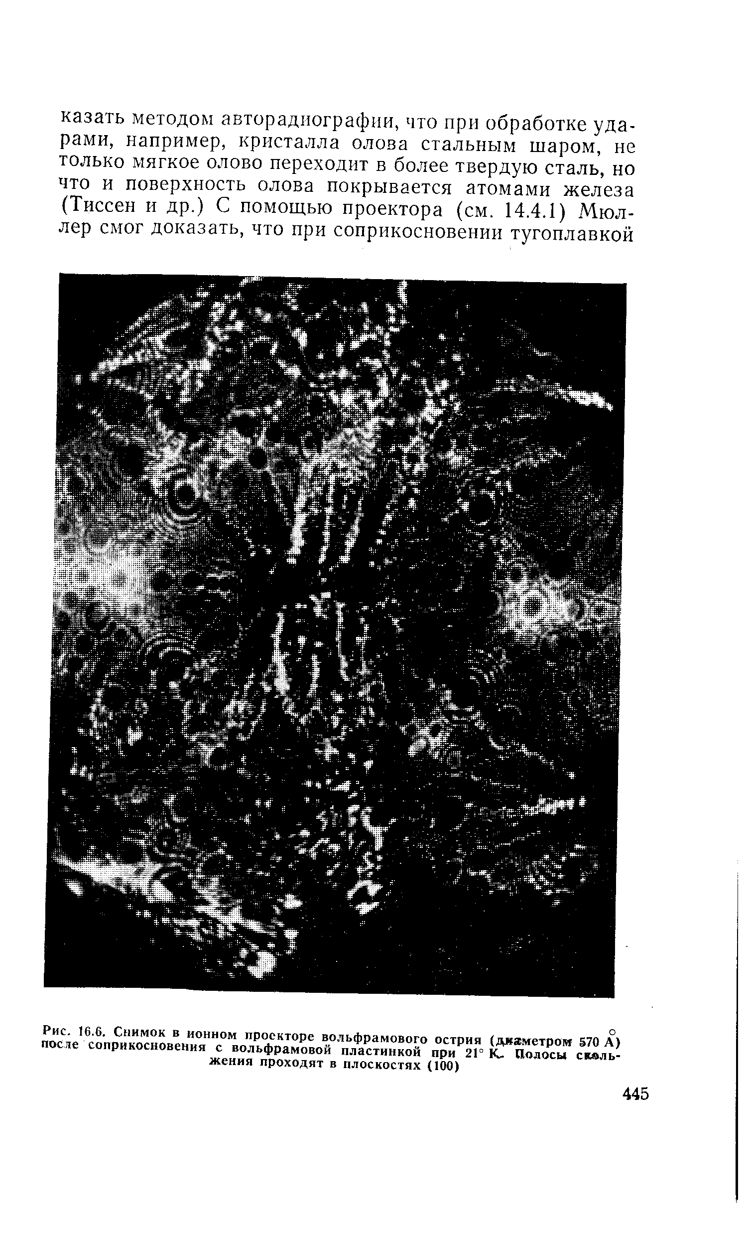 Рис. 16.6. Снимок в ионном проекторе вольфрамового острия (двзметрои 570 А) после соприкосновения с вольфрамовой пластинкой при 2Г 1С Полосы скаль-жения проходят в плоскостях (100)
