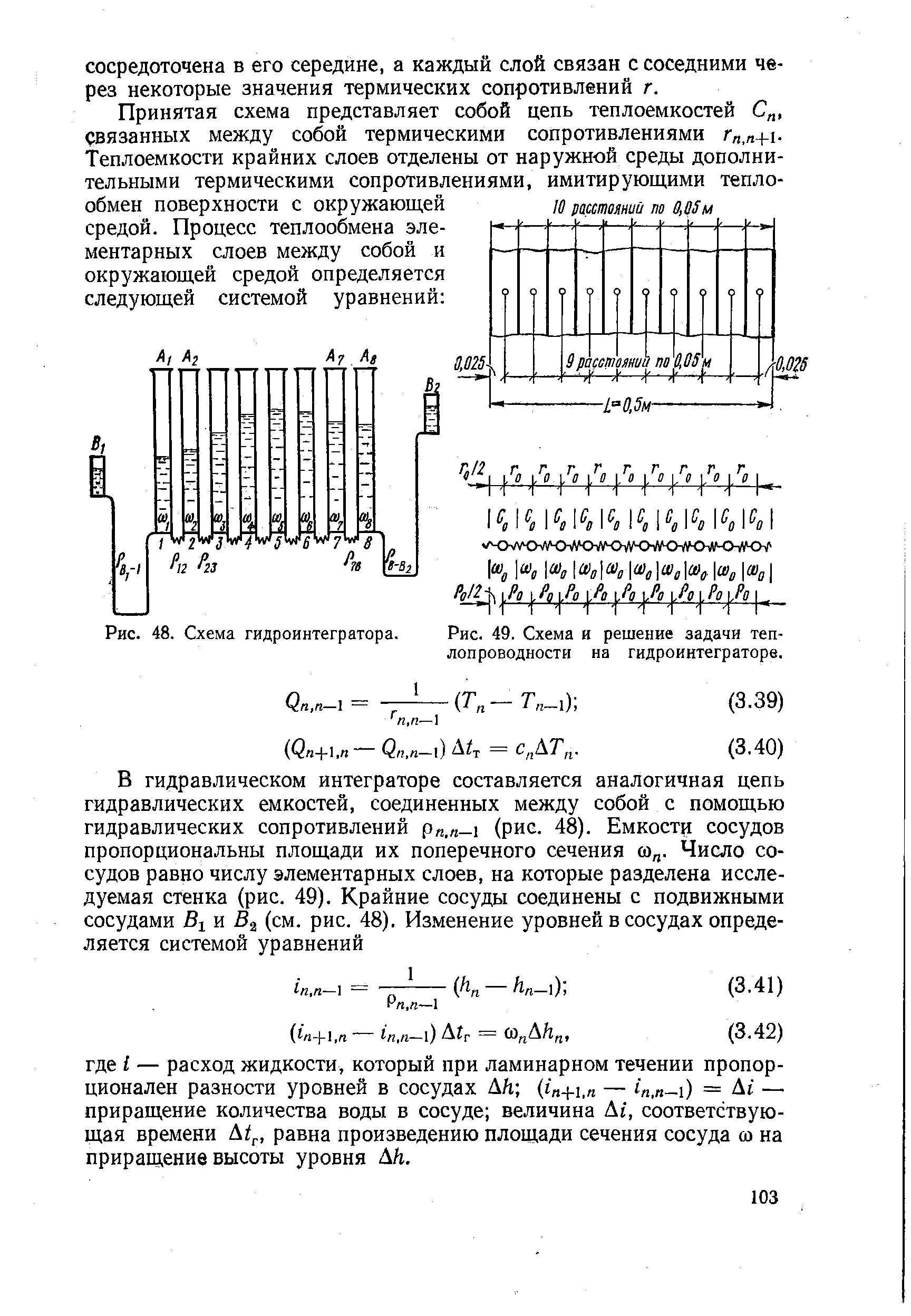 Рис. 49. Схема и решение задачи теплопроводности на гидроинтеграторе.
