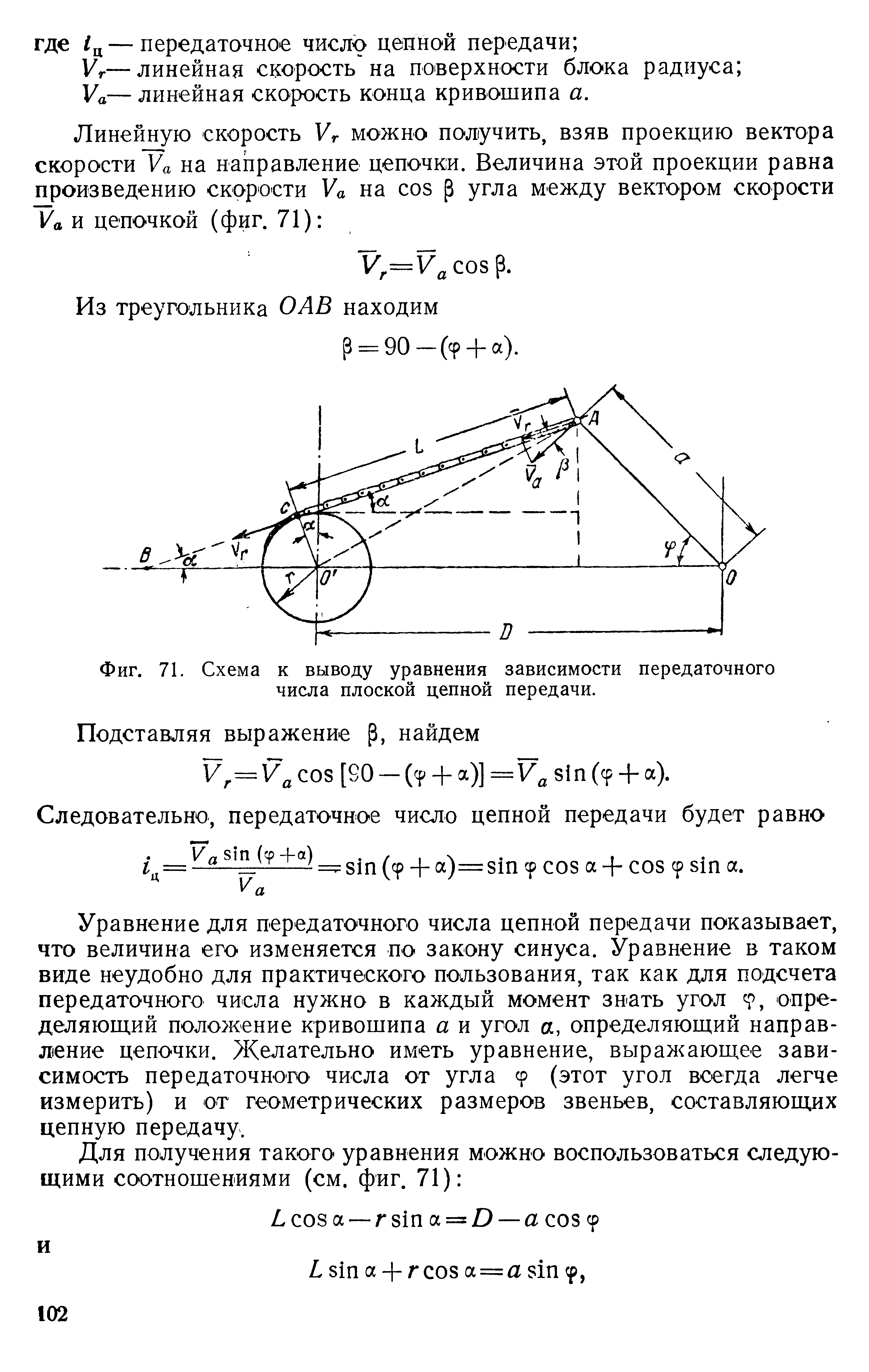 Фиг. 71. Схема к выводу уравнения зависимости передаточного числа плоской цепной передачи.
