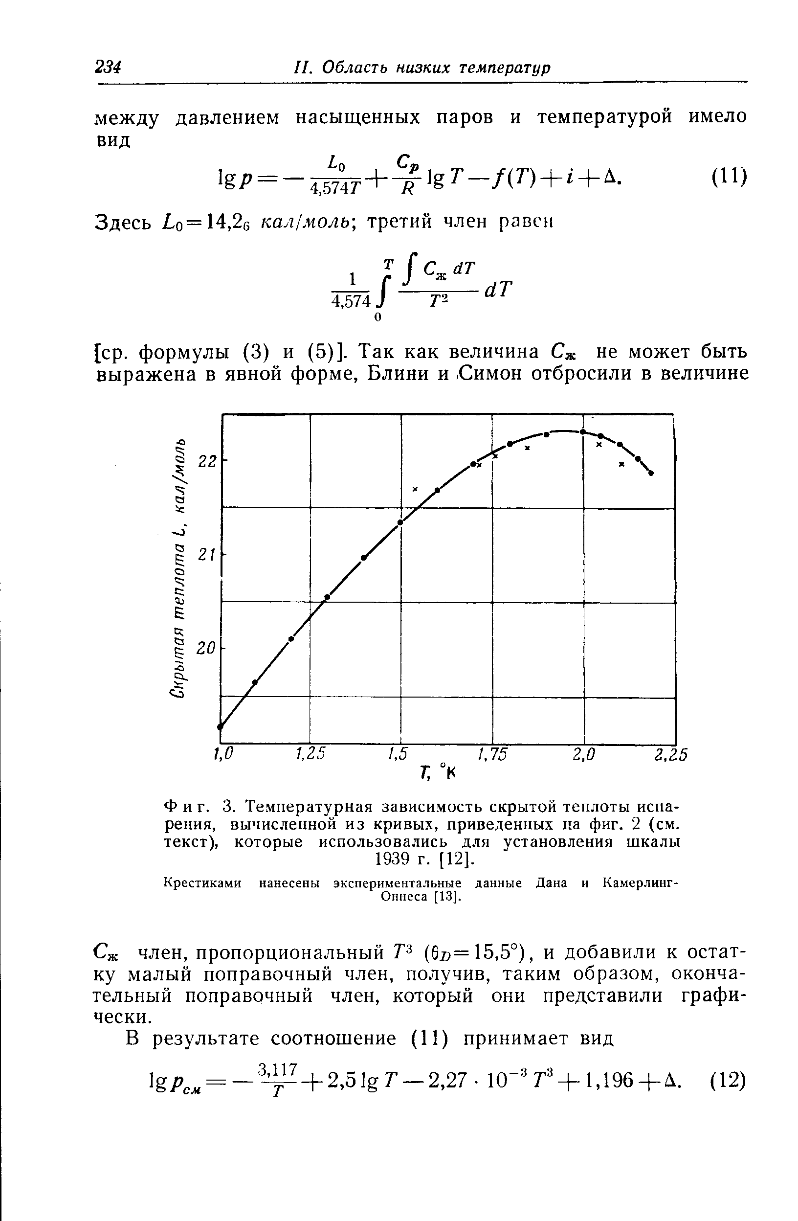 Фиг. 3. Температурная зависи.мость <a href="/info/18312">скрытой теплоты испарения</a>, вычисленной из кривых, приведенных на фиг. 2 (см. текст), которые использовались для установления шкалы 1939 г. [12].
