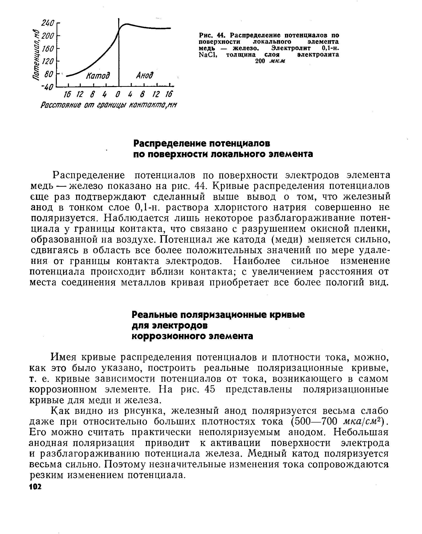 Распределение потенциалов по поверхности электродов элемента медь — железо показано на рис. 44. Кривые распределения потенциалов еще раз подтверждают сделанный выше вывод о том, что железный анод в тонком слое 0,1-н. раствора хлористого натрия совершенно не поляризуется. Наблюдается лишь некоторое разблагораживание потенциала у границы контакта, что связано с разрушением окисной пленки, образованной на воздухе. Потенциал же катода (меди) меняется сильно, сдвигаясь в область все более положительных значений по мере удаления от границы контакта электродов. Наиболее сильное изменение потенциала происходит вблизи контакта с увеличением расстояния от места соединения металлов кривая приобретает все более пологий вид.
