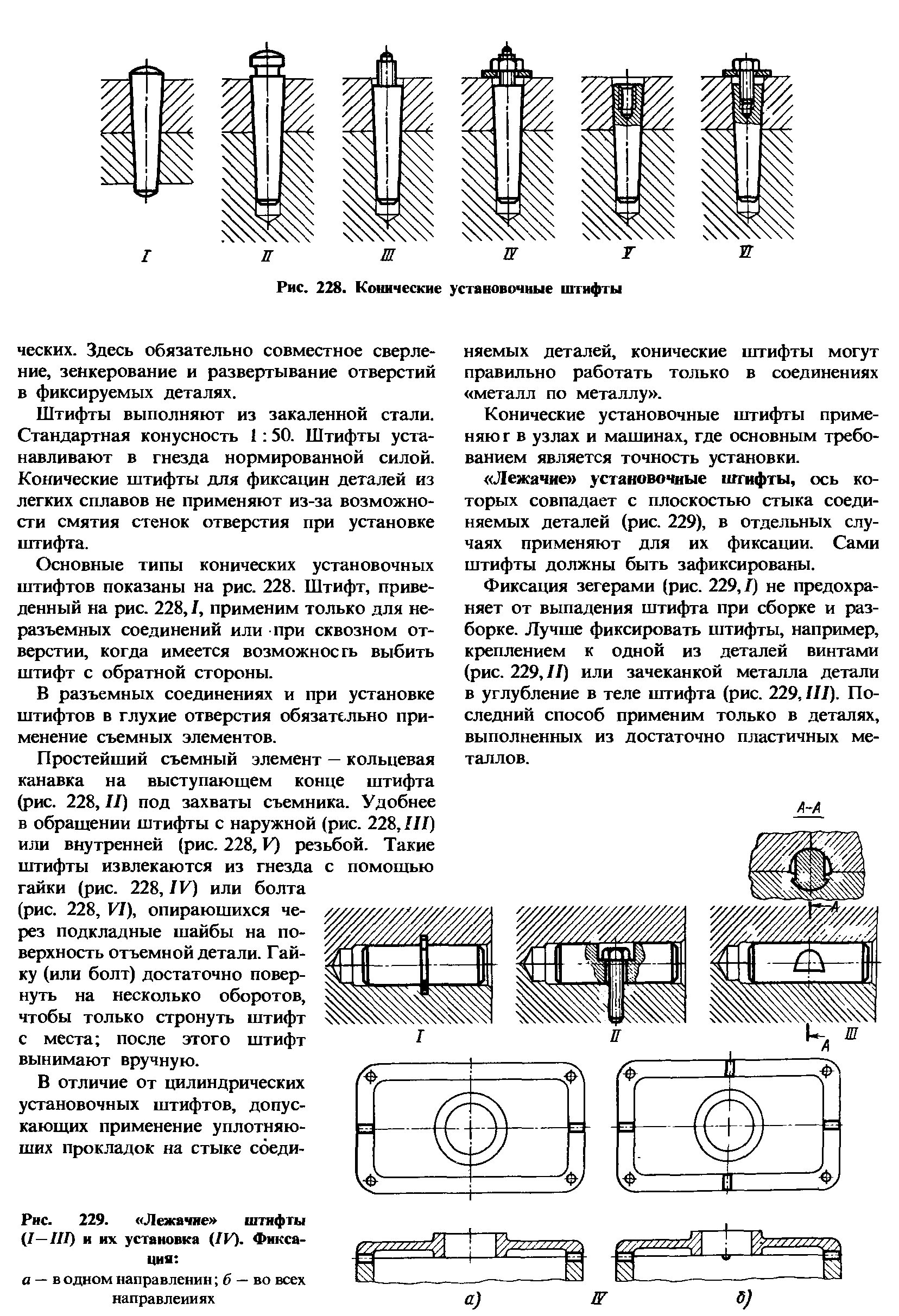 Рис. 229. Лежачие штифты (1-111) и их установка (IV). Фиксация 

