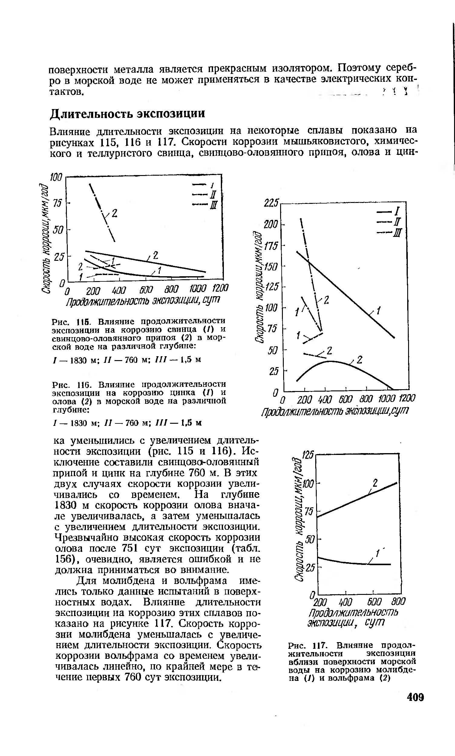 Рис. 116. Влияние продолжительности экспозиции на коррозию цинка (/) и олова (2) в <a href="/info/39699">морской воде</a> на различной глубине 
