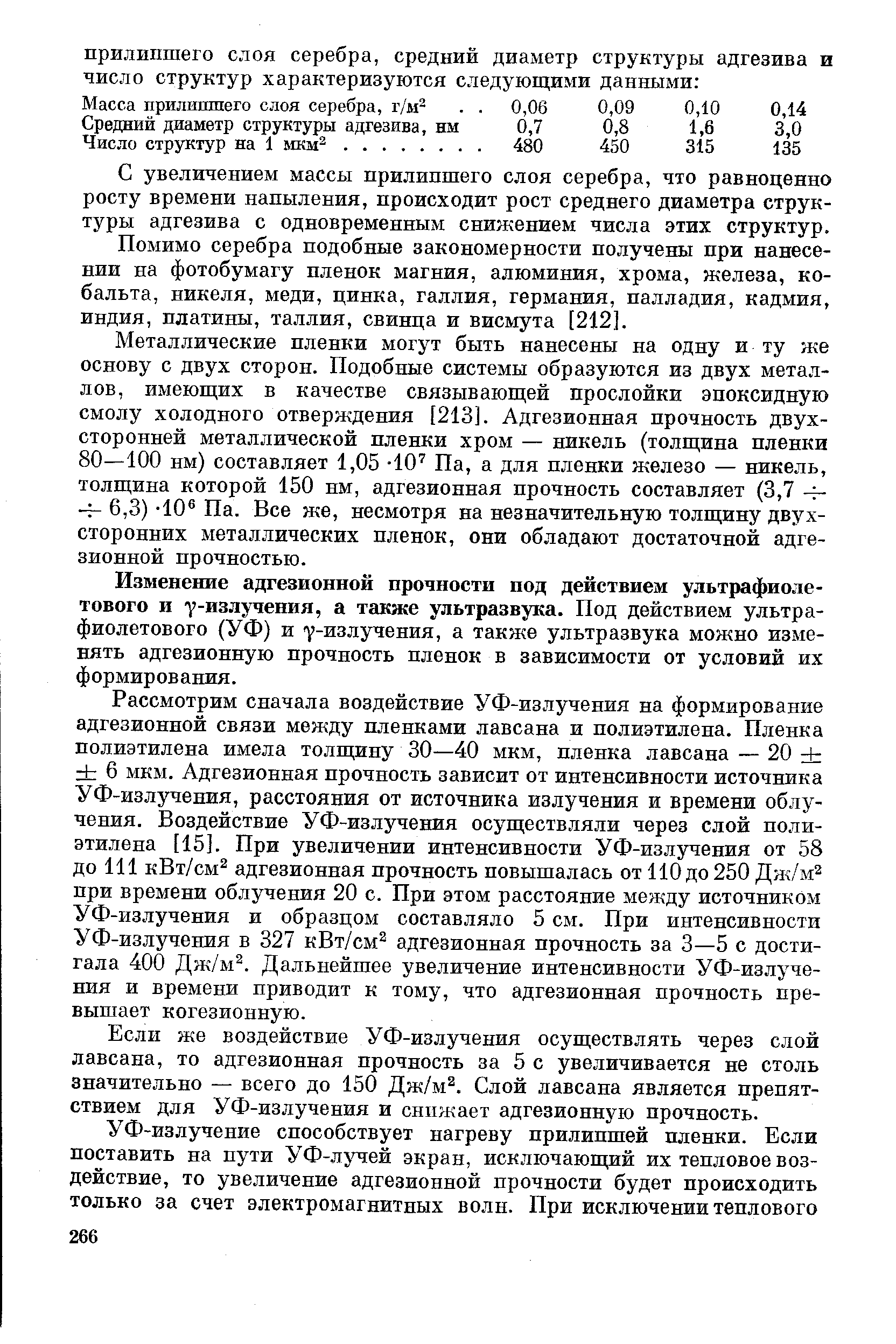 Изменение адгезионной прочности под действием ультрафиолетового и у-излучения, а также ультразвука. Под действием ультрафиолетового (УФ) и -излучения, а также ультразвука можно изменять адгезионную прочность пленок в зависимости от условий их формирования.
