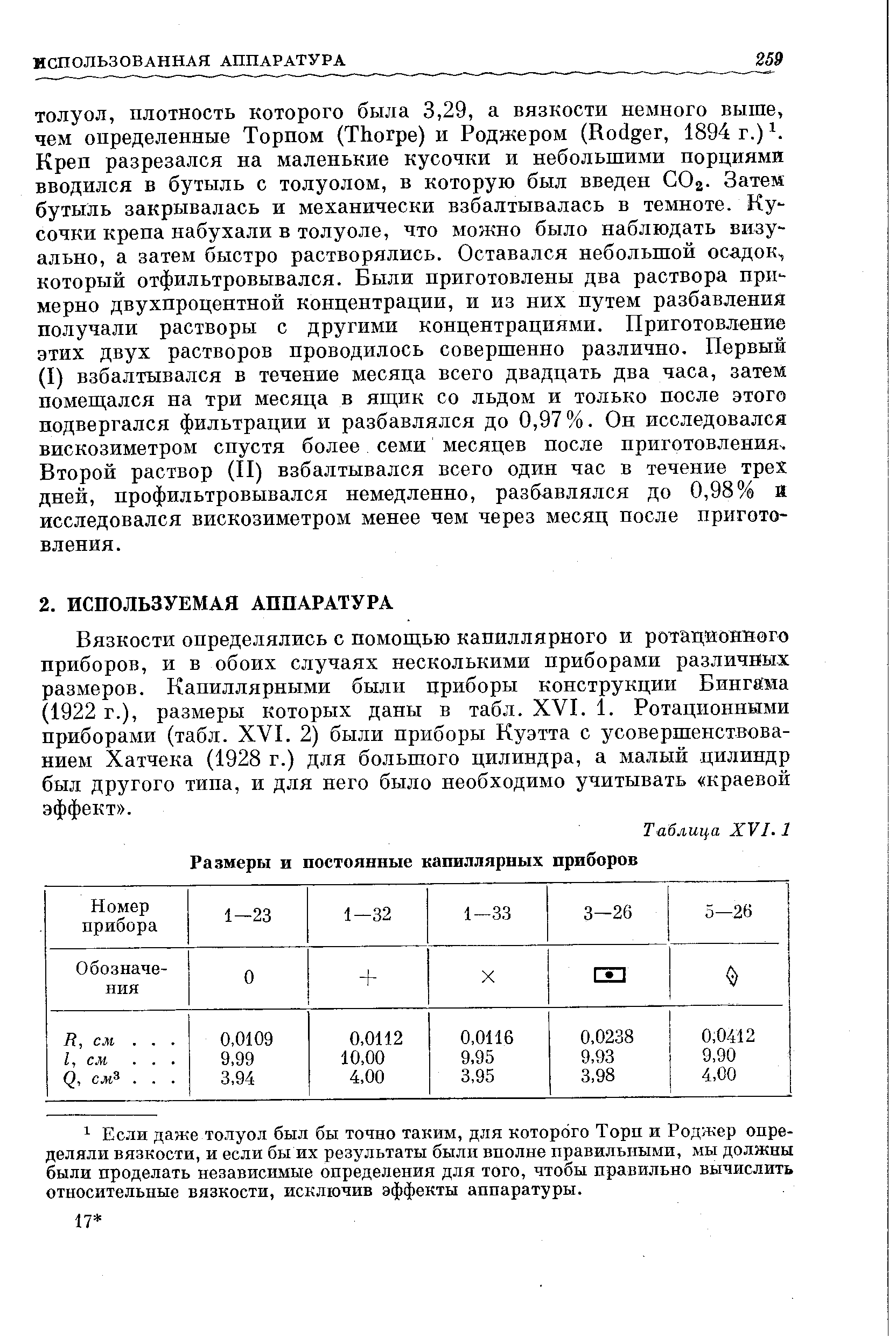 Вязкости определялись с помощью капиллярного и ротационного приборов, и в обоих случаях несколькими приборами различных размеров. Капиллярными были приборы конструкции Бингаиа (1922 г.), размеры которых даны в табл. XVI. 1. Ротационными приборами (табл. XVI. 2) были приборы Куэтта с усовершенствованием Хатчека (1928 г.) для большого цилиндра, а малый цилиндр был другого типа, и для него было необходимо учитывать краевой эффект .

