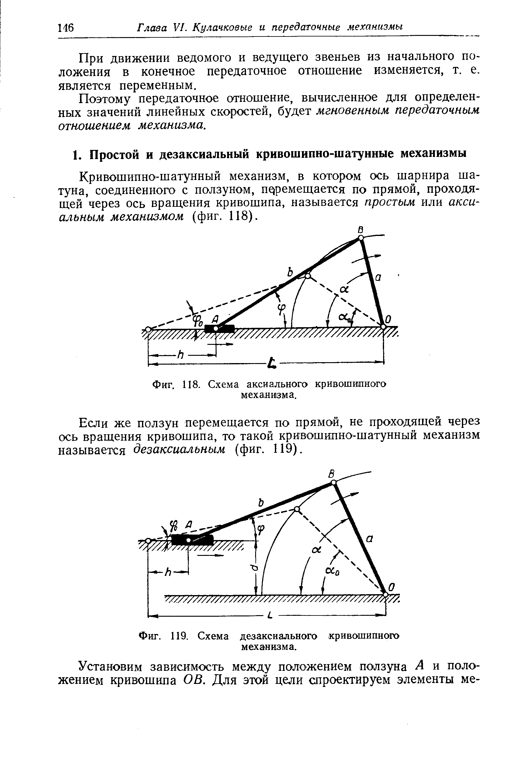 Кривошипно-шатунный механизм, в котором ось шарнира шатуна, соединенного с ползуном, перемещается по прямой, проходящей через ось вращения кривошипа, называется простым или аксиальным механизмом (фиг. 118).
