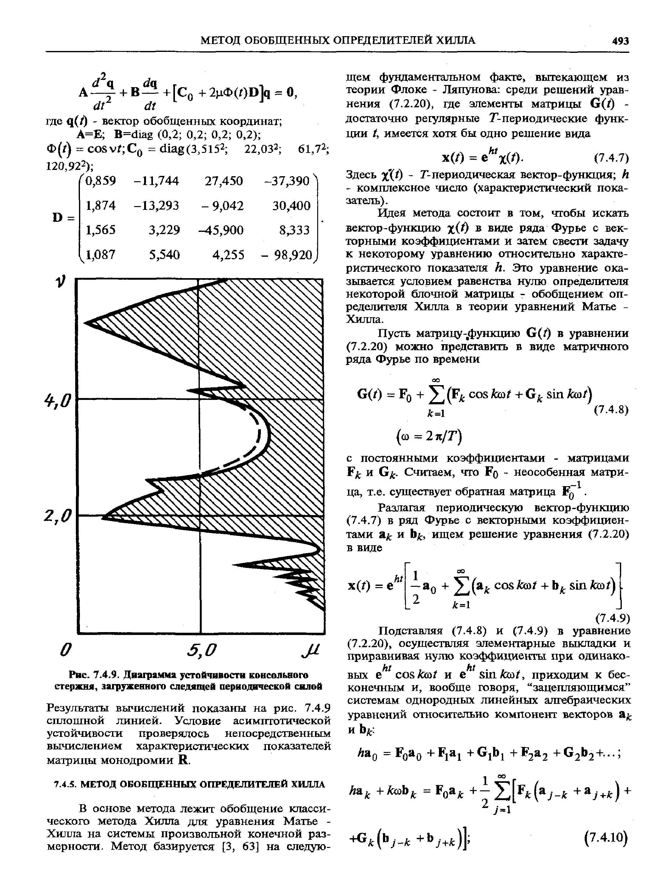 Идея метода состоит в том, чтобы искать вектор-функцию х(0 виде ряда Фурье с векторными коэффициентами и затем свести задачу к некоторому уравнению относительно характеристического показателя А. Это уравнение оказывается условием равенства нулю определителя некоторой блочной матрицы - обобщением определителя Хилла в теории уравнений Матье -Хилла.
