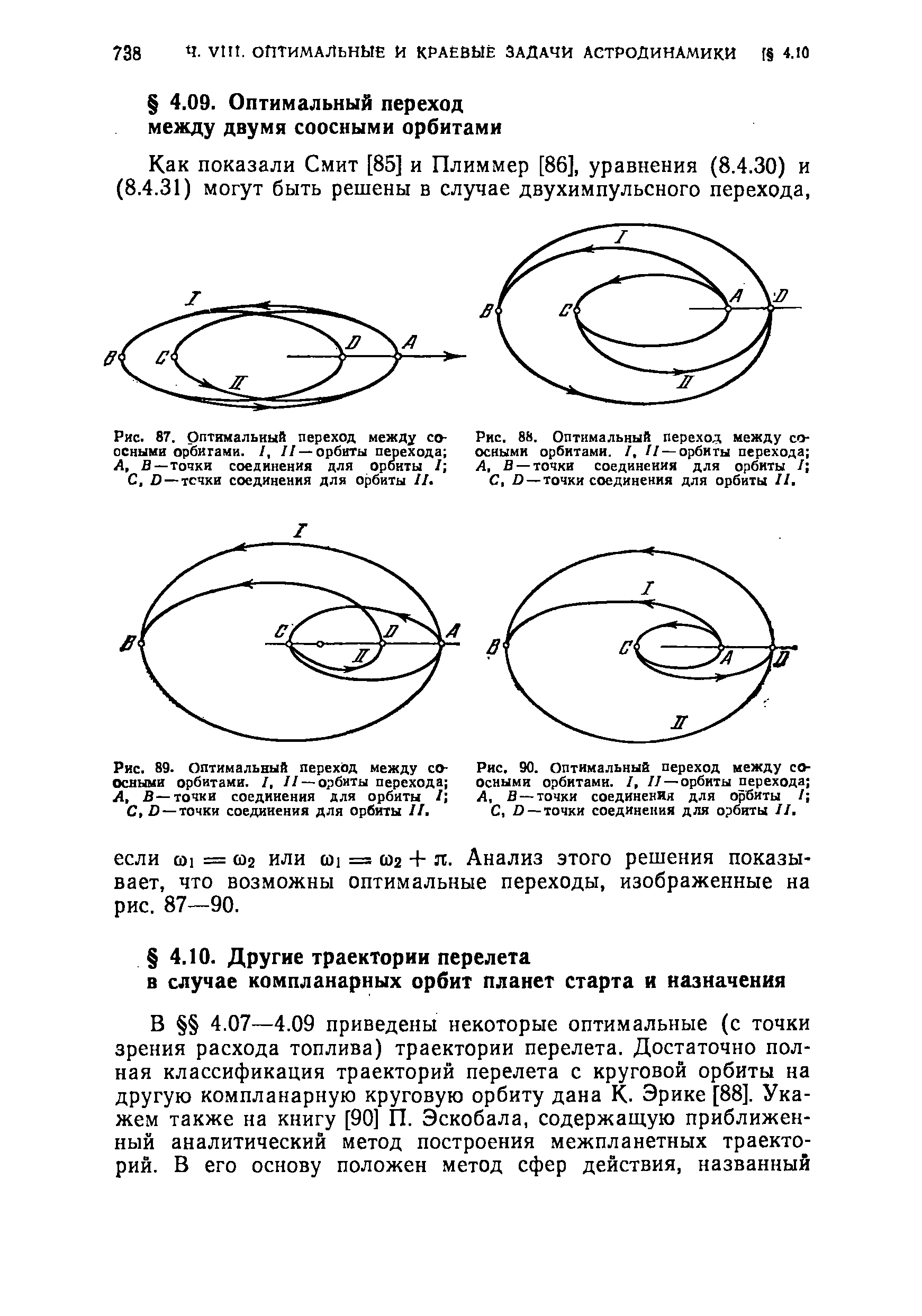 Рис. 89. Оптимальный переход между соосными орбитами. I, // —<a href="/info/374499">орбиты перехода</a> А, В—<a href="/info/362188">точки соединения</a> для орбиты / С, Л —<a href="/info/362188">точки соединения</a> для орбиты II.
