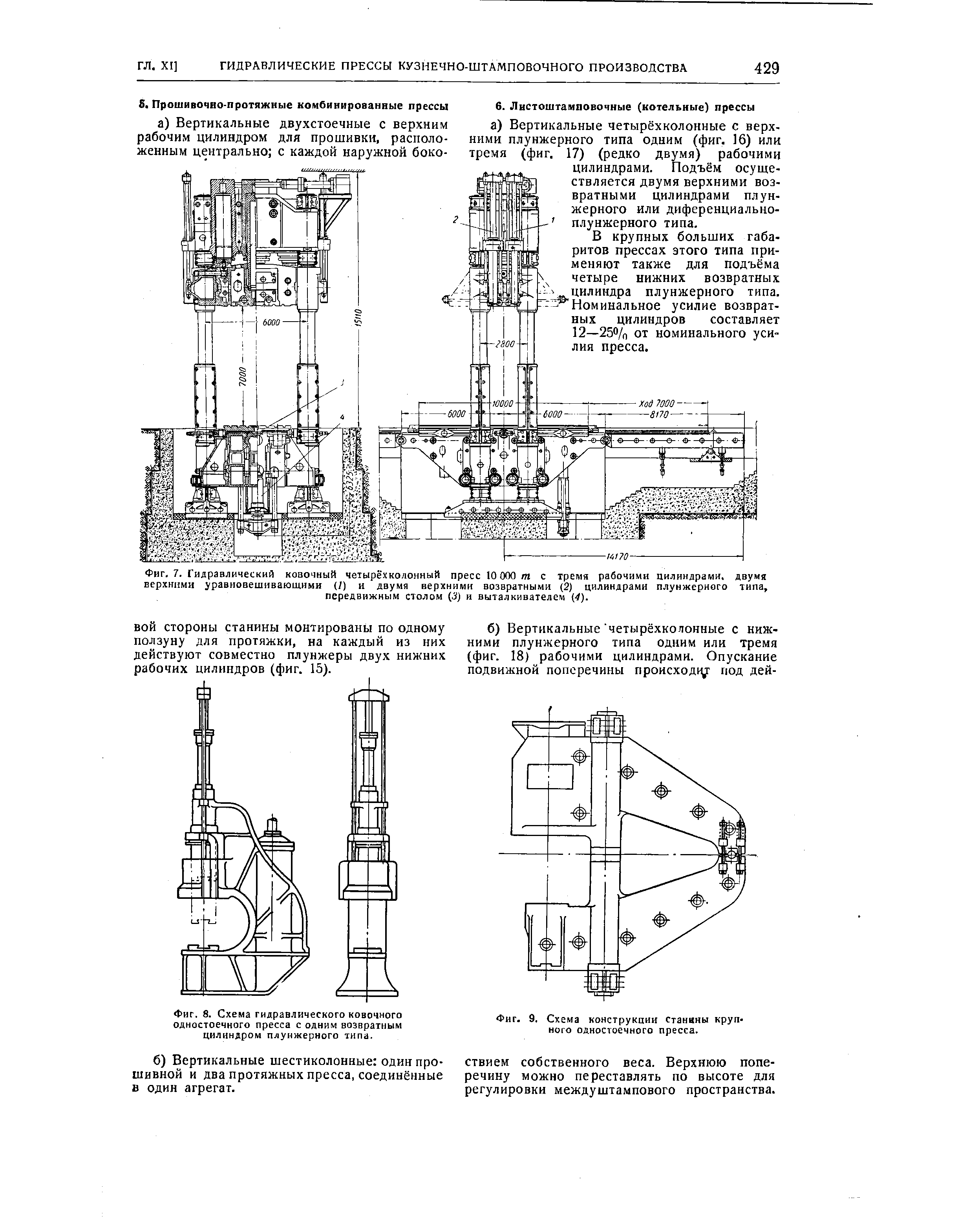 Фиг. 8. Схема гидравлического ковочного одностоечного пресса с одним возвратным цилиндром плунжерного типа.
