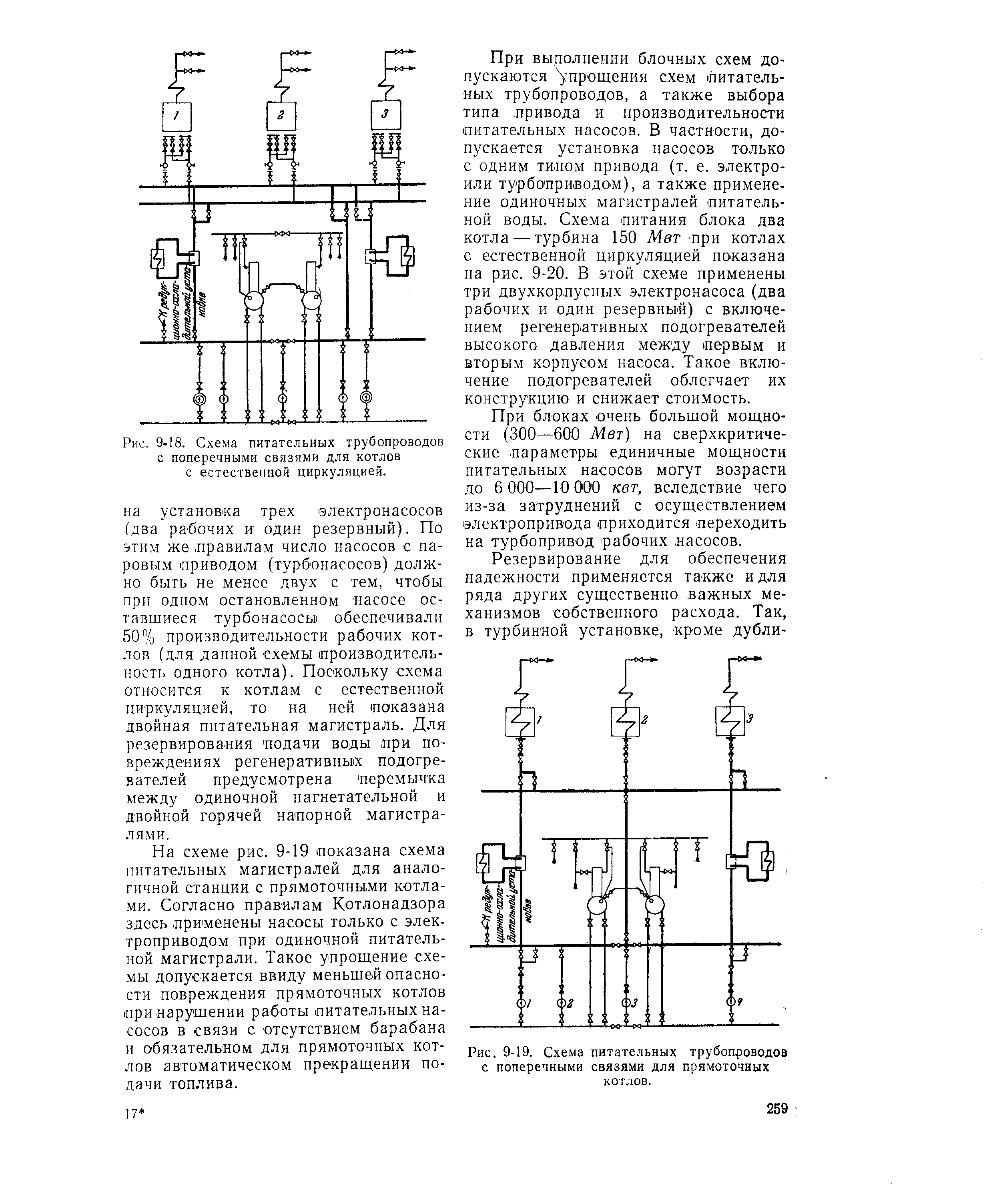 Рис. 9-18. Схема питательных трубопроводов с поперечными связями для котлов с естественной циркуляцией.
