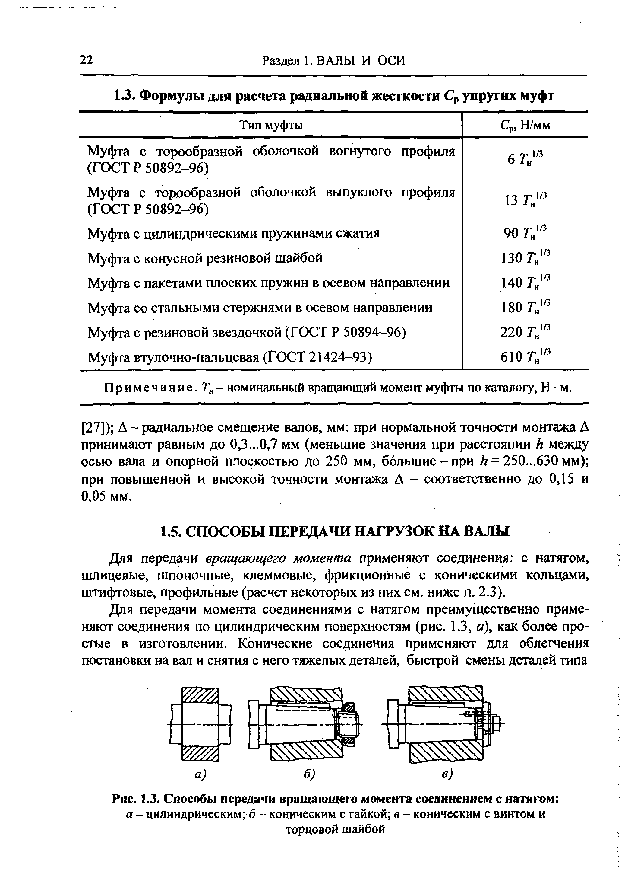 Для передачи вращающего момента применяют соединения с натягом, шлицевые, шпоночные, клеммовые, фрикционные с коническими кольцами, штифтовые, профильные (расчет некоторых из них см. ниже п. 2.3).
