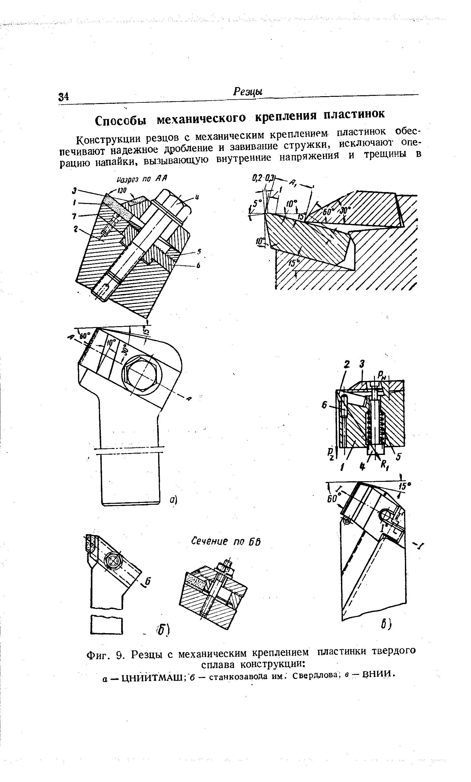 Фиг. 9. Резцы с <a href="/info/82076">механическим креплением пластинки твердого сплава</a> конструкции о — ЦНИЙТМАШ б — станкозавода им. Свердлова е — ВНИИ.
