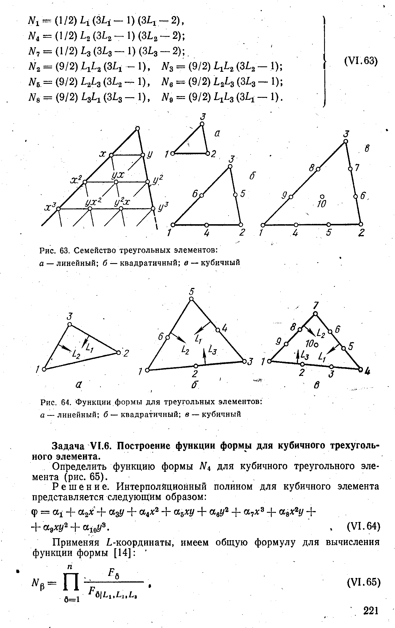 Рис. 63. Семейство <a href="/info/167118">треугольных элементов</a> а — линейный б — квадратичный в — кубичный
