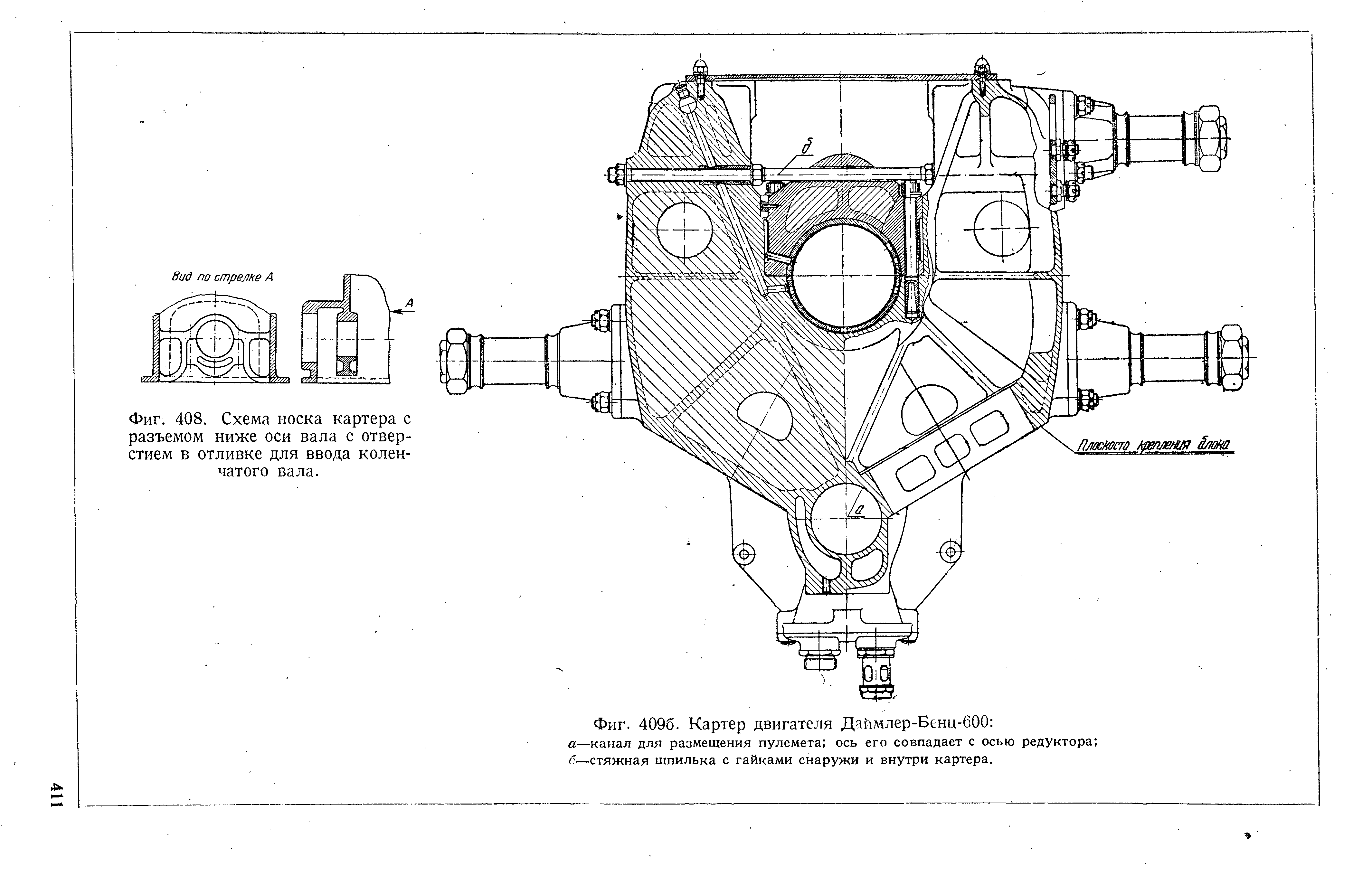 Фиг. 408. Схема <a href="/info/728686">носка картера</a> с разъемом ниже оси вала с отверстием в отливке для ввода коленчатого вала.
