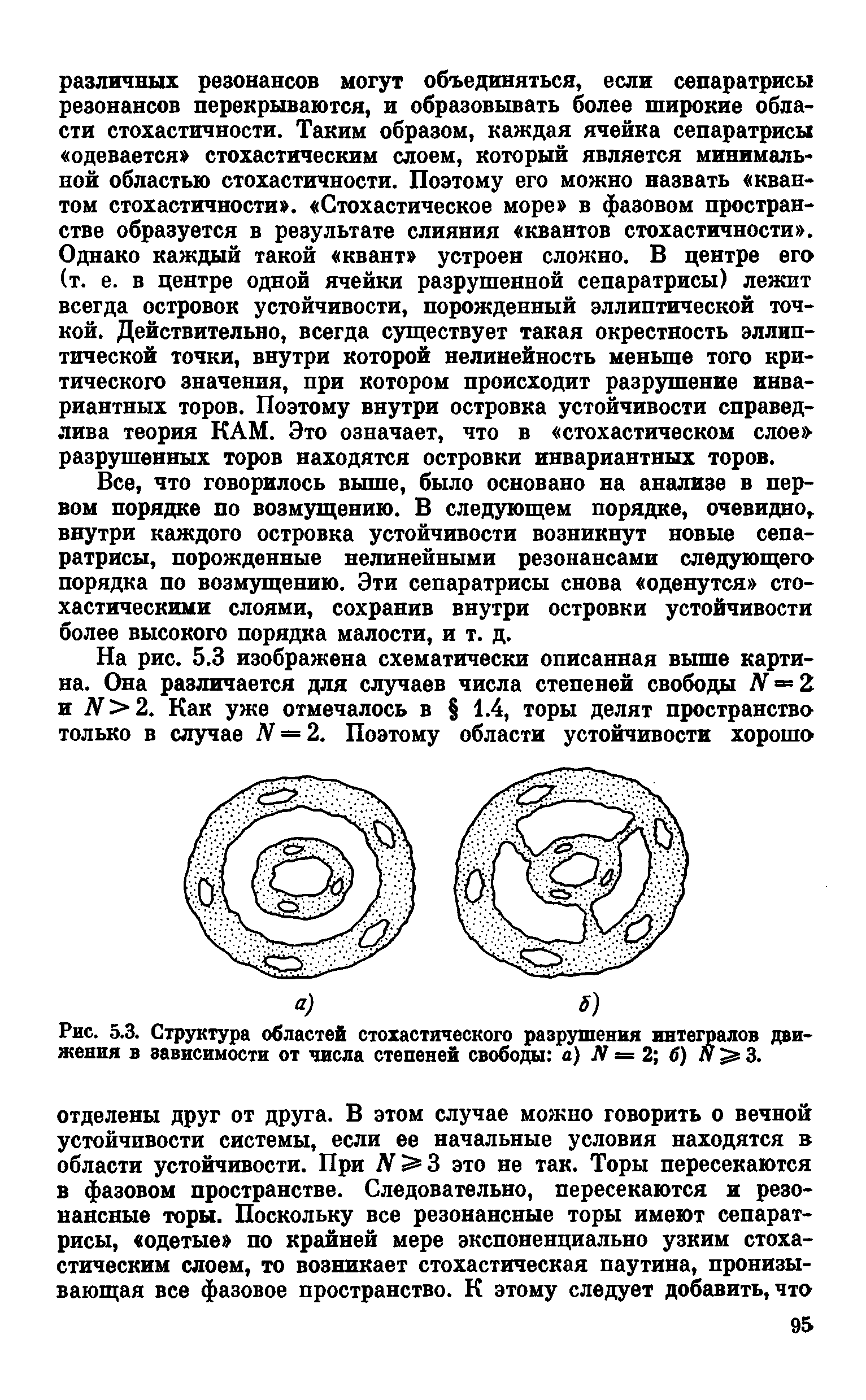 что говорилось выше, было основано на анализе в первом порядке по возмущению. В следующем порядке, очевидно,, внутри каждого островка устойчивости возникнут новые сепаратрисы, порожденные нелинейными резонансами следующего порядка по возмущению. Эти сепаратрисы снова оденутся стохастическими слоями, сохранив внутри островки устойчивости более высокого порядка малости, и т. д.
