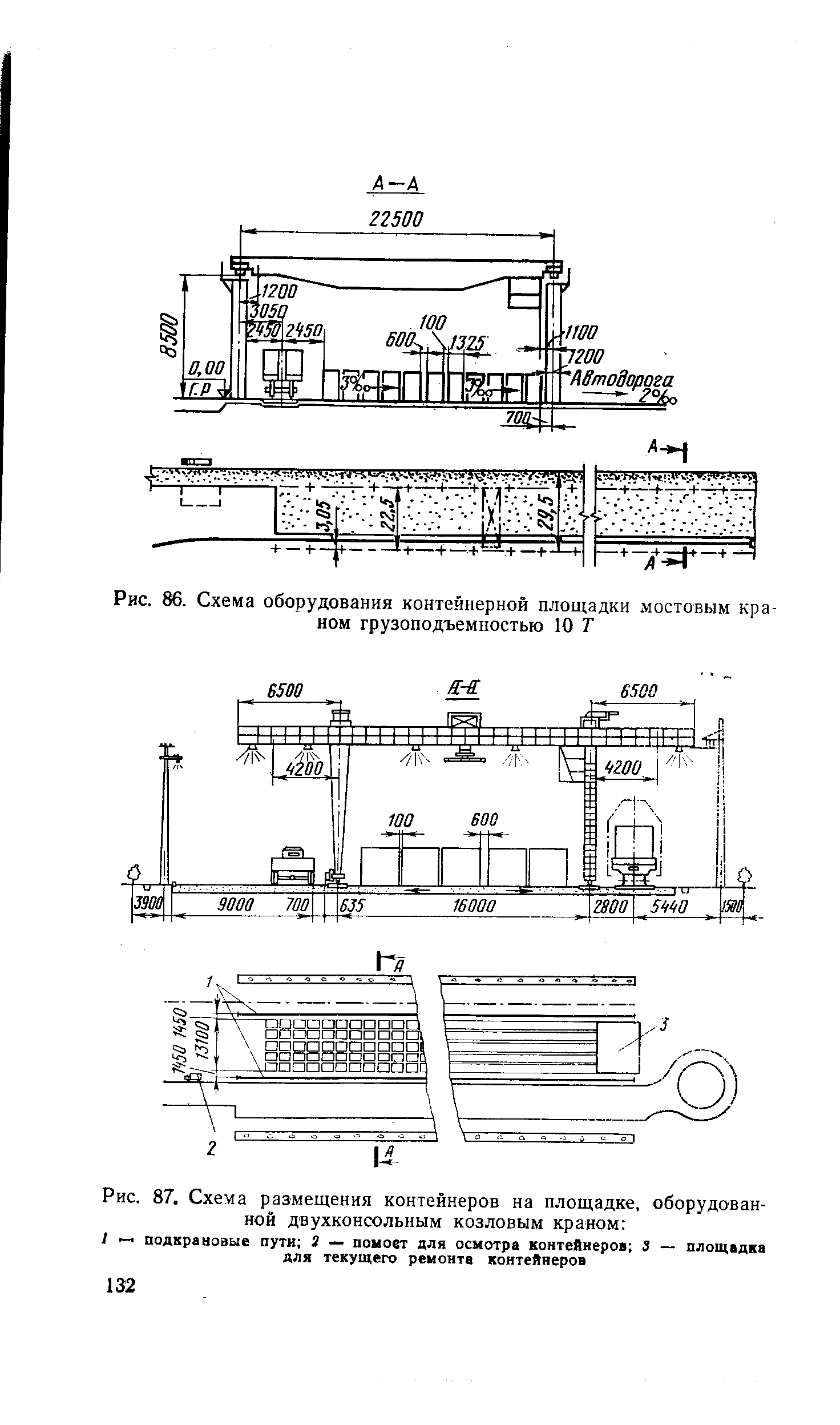 Рис. 87. Схема размещения контейнеров на площадке, оборудованной двухконсольным козловым краном 
