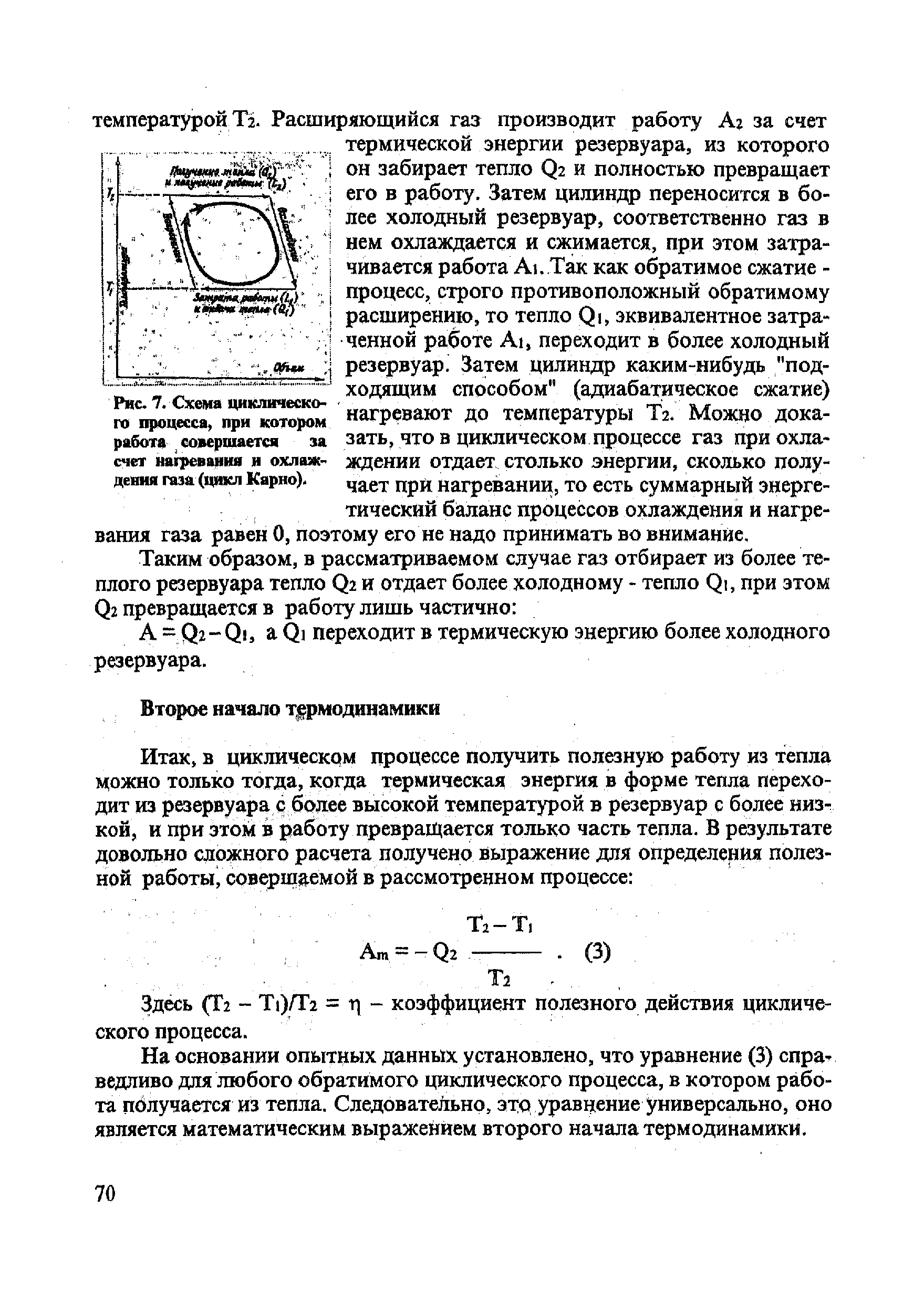 Рис. 7. Схема циклического щюцесса, при котором работа совершается за счет нап>еваиия я <a href="/info/432800">охлаждения газа</a> (цикл Карно).
