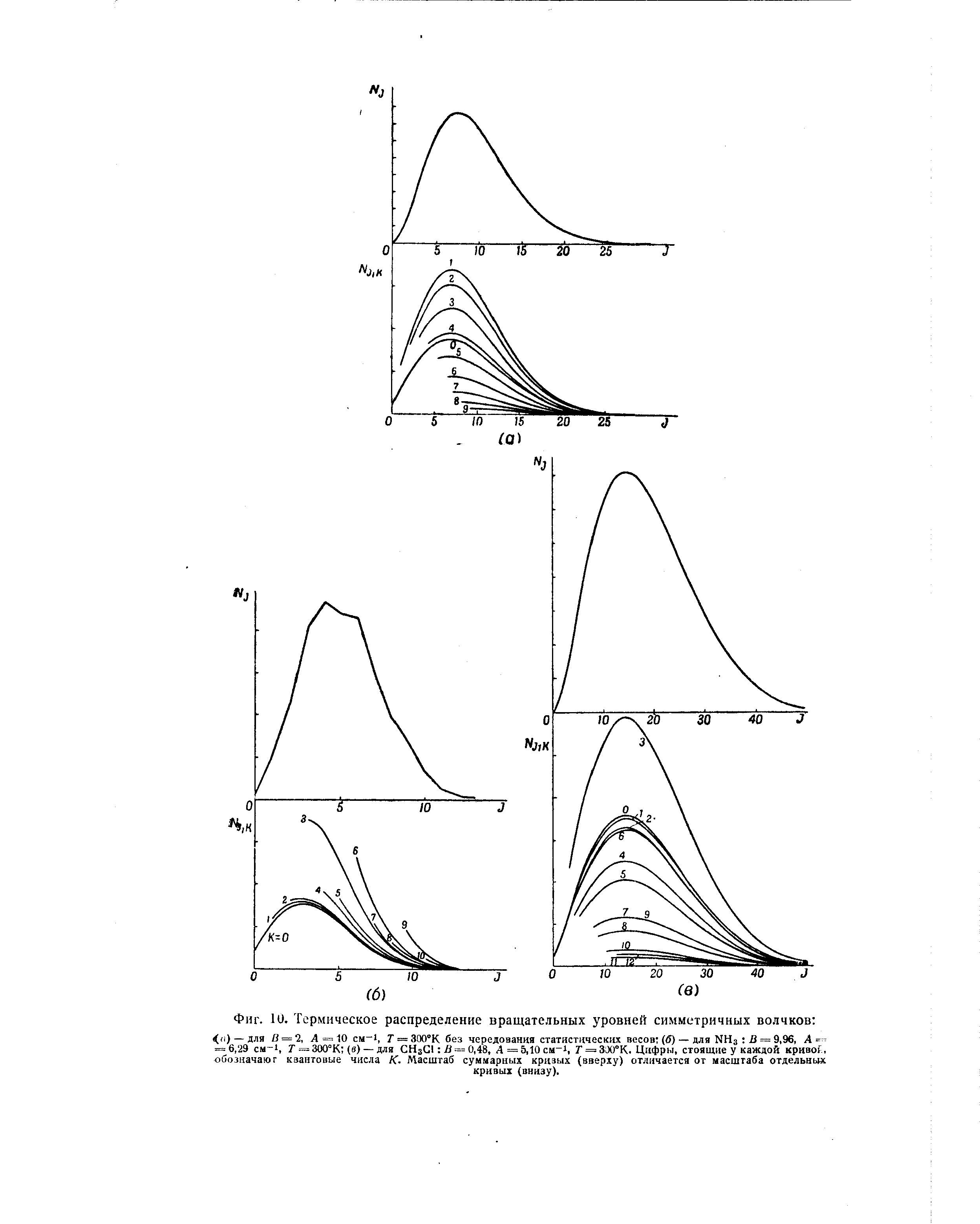 Фиг. 10. Термическое распределение вращательных уровней симметричных волчков 
