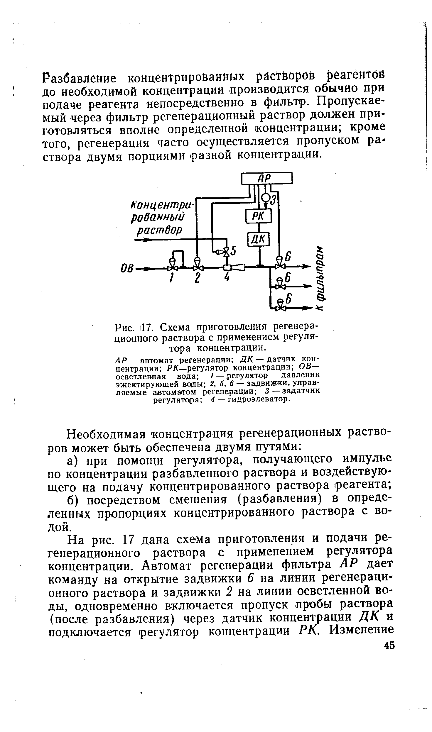 АР—автомат регенерации ДК — датчик концентрации РК—регулятор концентрации ОВ— осветленная вода /—регулятор давления эжектирующей воды 2, 5, 6 задвижки, управляемые автоматом регенерации 3 —задатчик регулятО ра 4 — гидроэлеватор.
