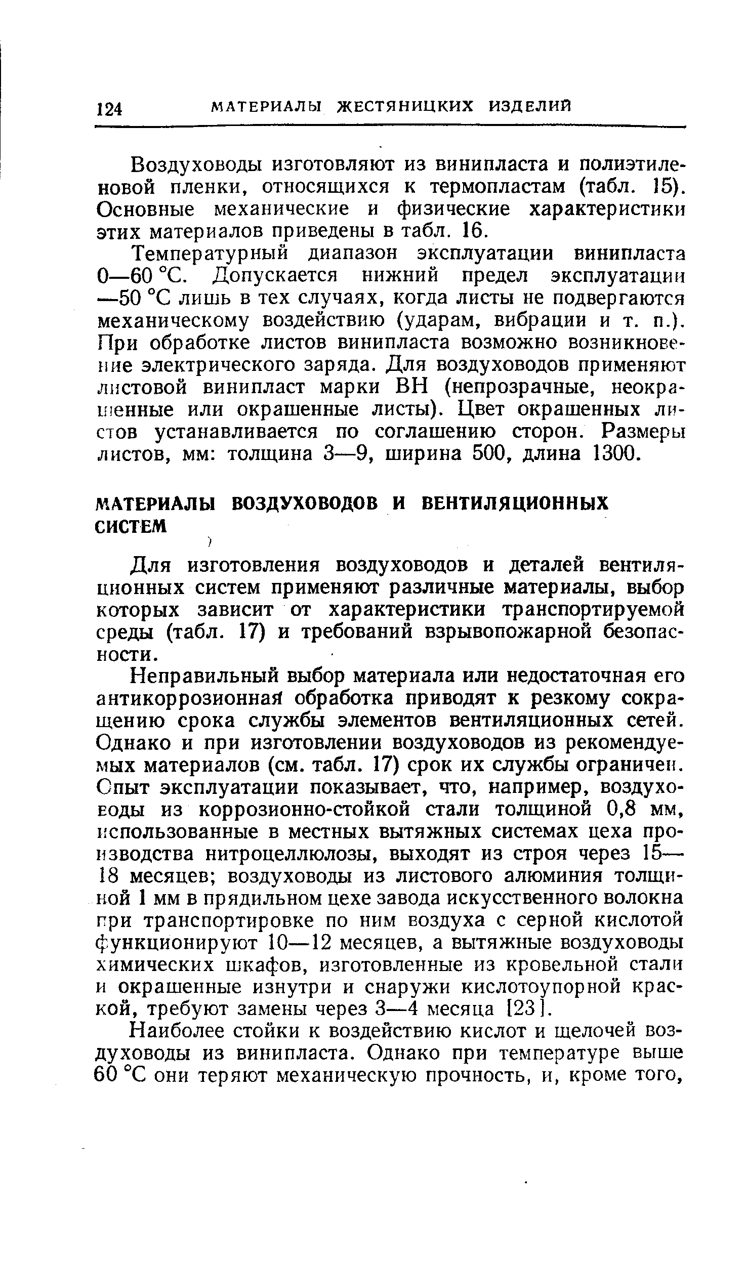 Для изготовления воздуховодов и деталей вентиляционных систем применяют различные материалы, выбор которых зависит от характеристики транспортируемой среды (табл. 17) и требований взрывопожарной безопасности.
