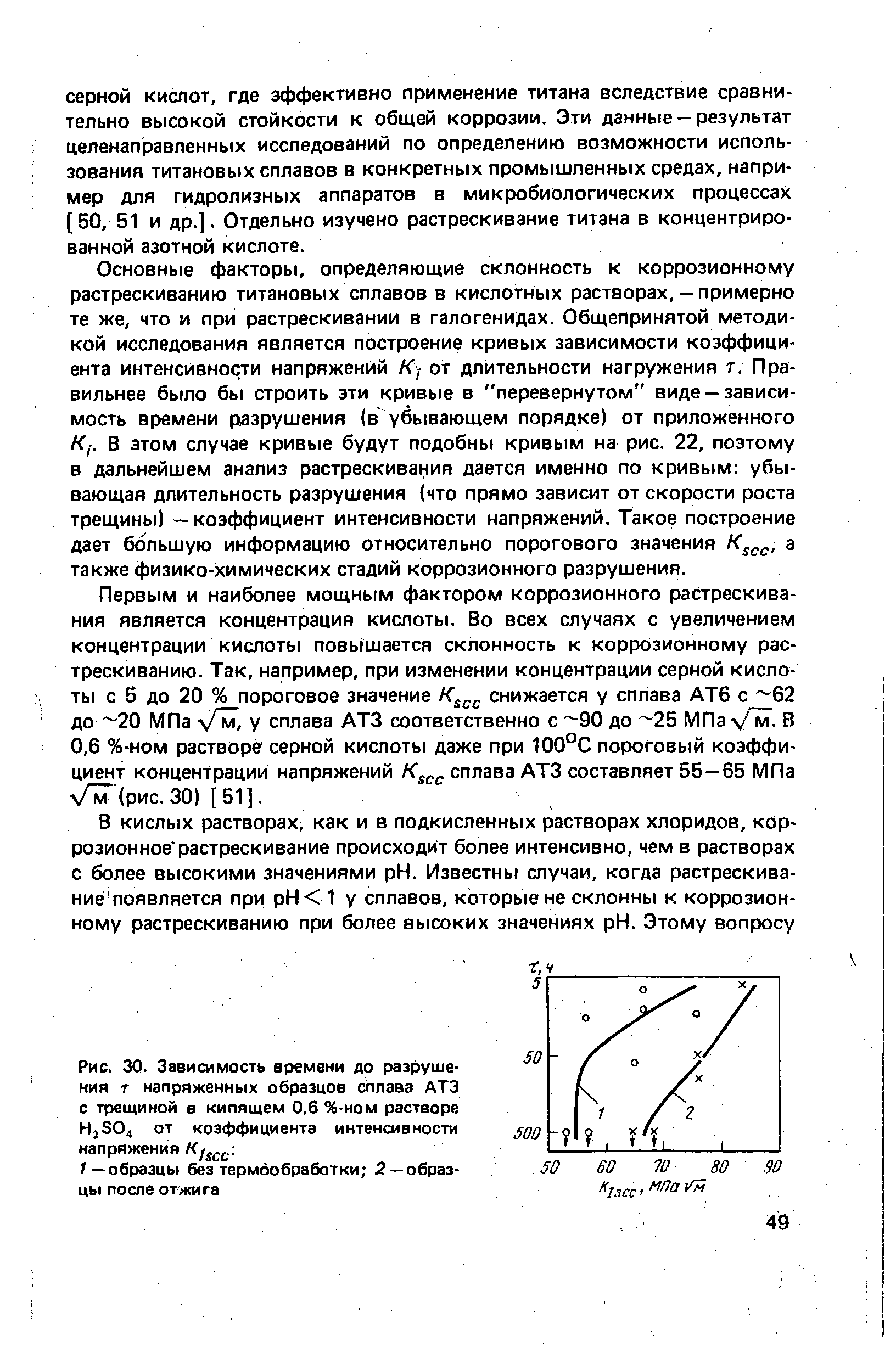 Основные факторы, определяющие склонность к коррозионному растрескиванию титановых сплавов в кислотных растворах, —примерно те же, что и при растрескивании в галогенидах. Общепринятой методикой исследования является построение кривых зависимости коэффициента интенсивности напряжений /Су от длительности нагружения т. Правильнее было бы строить эти кривые в перевернутом виде —зависимость времени разрушения (в убывающем порядке) от приложенного /Су. В этом случае кривые будут подобны кривым на рис. 22, поэтому в дальнейшем анализ растрескивания дается именно по кривым убывающая длительность разрушения (что прямо зависит от скорости роста трещины) — коэффициент интенсивности напряжений. Такое построение дает большую информацию относительно порогового значения /С , а также физико-химических стадий коррозионного разрушения.
