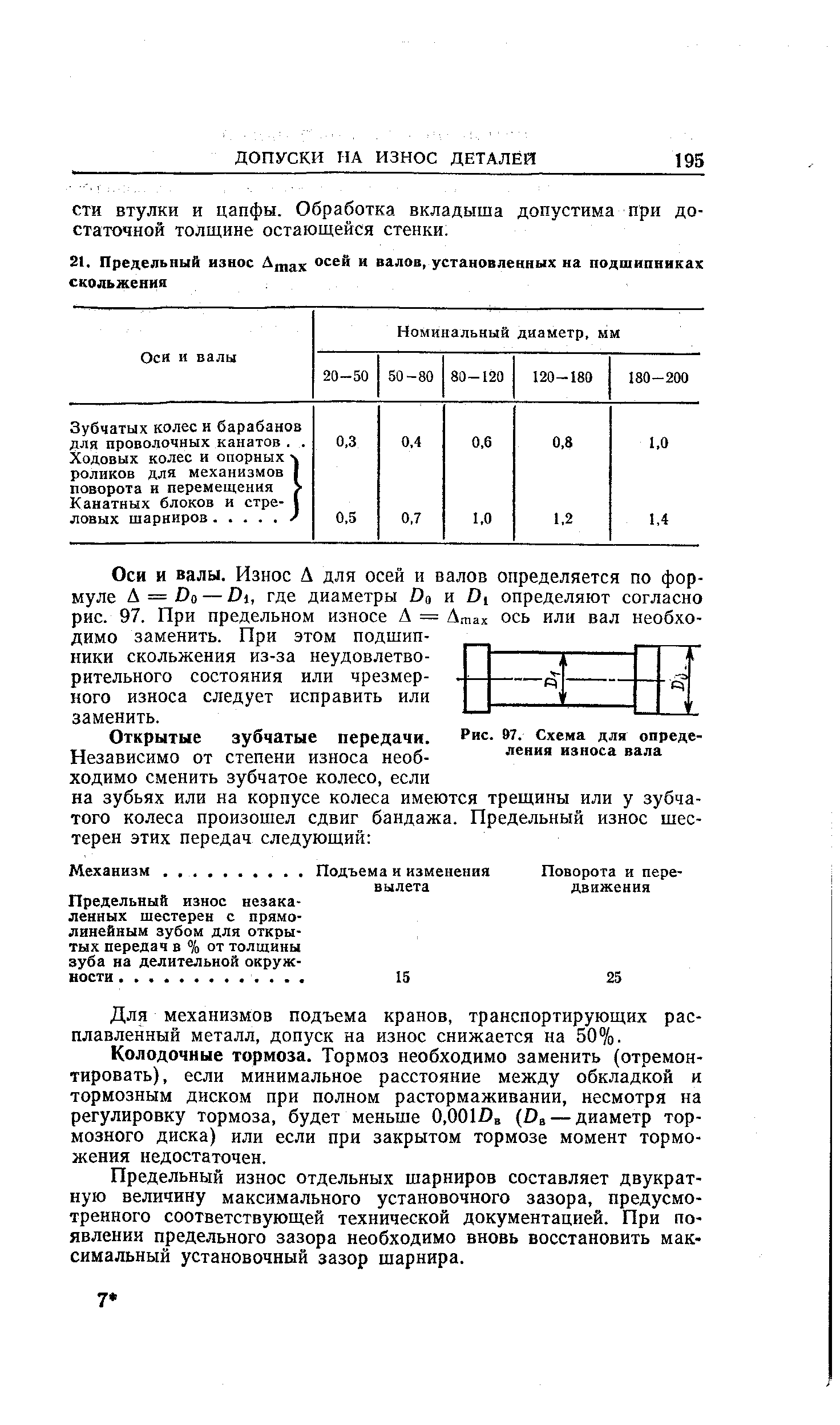 Оси и валы. Износ Д для осей и валов определяется по формуле А = Do — Di, где диаметры о и Di определяют согласно рис. 97. При предельном износе А — Атах ось ИЛИ вал необхо-димо заменить. При этом подшипники скольжения из-за неудовлетворительного состояния или чрезмерного износа следует исправить или заменить.
