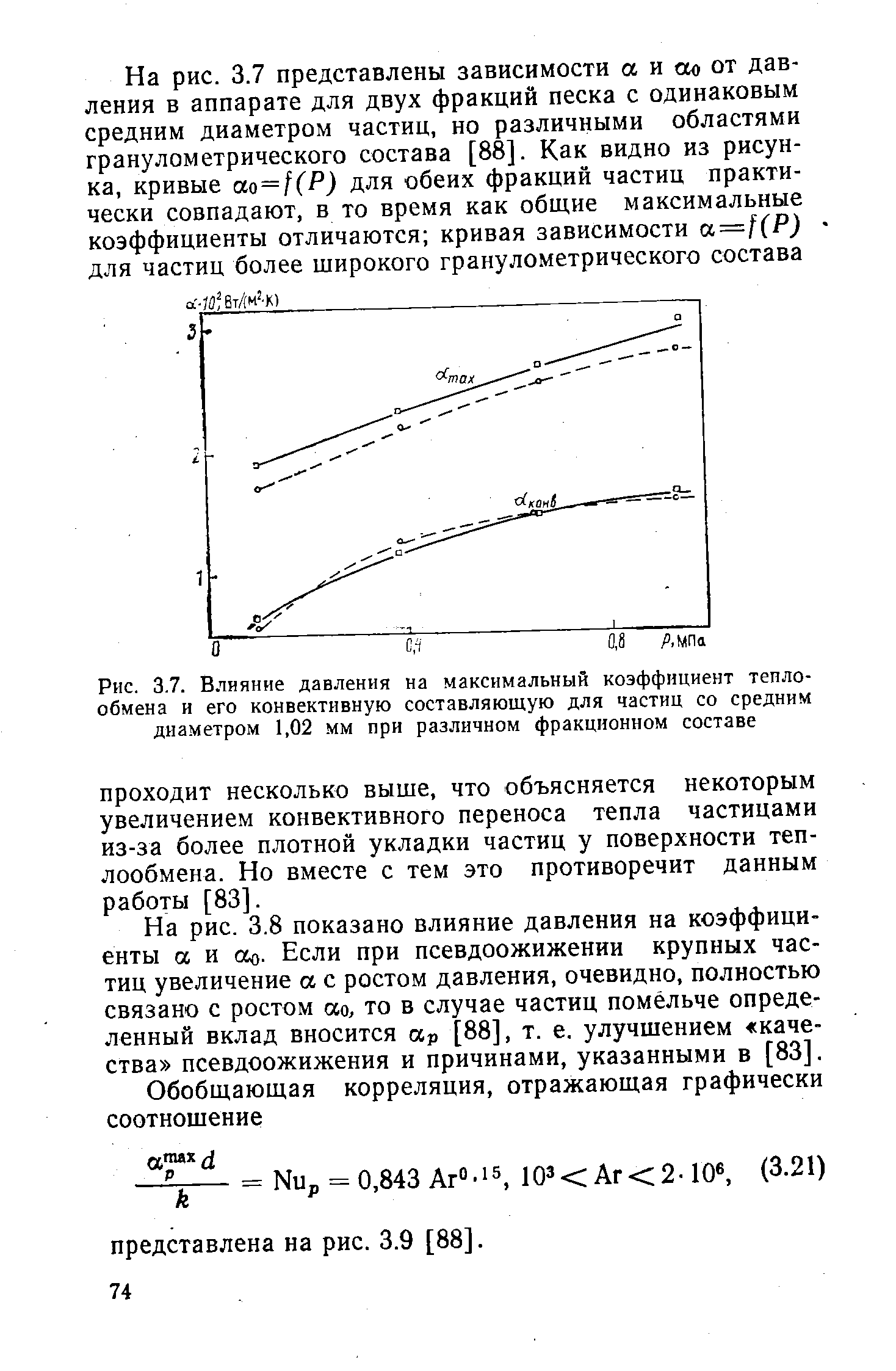 Рис. 3.7. <a href="/info/396763">Влияние давления</a> на максимальный коэффициент теплообмена и его конвективную составляющую для частиц со средним диаметром 1,02 мм при различном фракционном составе
