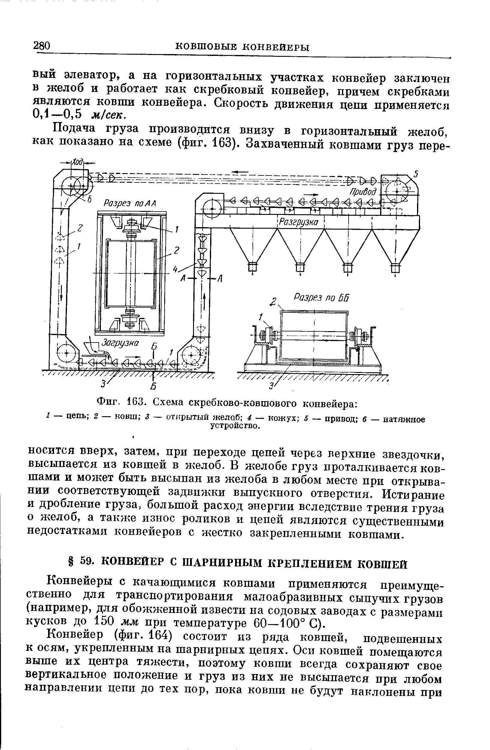 Фиг. 163. Схема скребково-ковшового конвейера 

